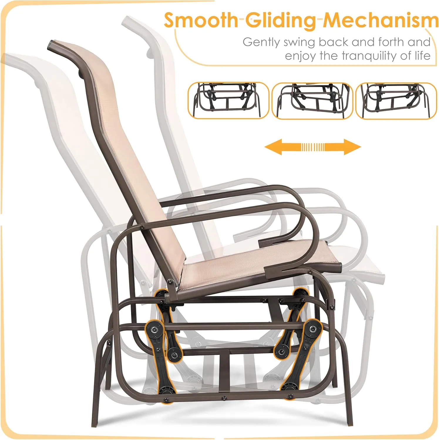 Yaheetech Outdoor Glider Chair, Lounge Rocking Chair with Sling Fabric and Steel Construction, Patio Swing Gliding Chairs for Porch Balcony Backyard, Beige, Set of 2
