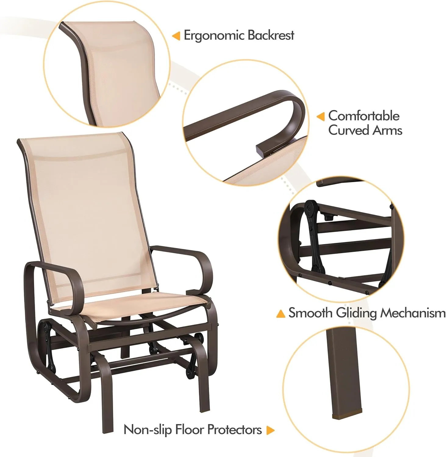 Yaheetech Outdoor Glider Chair, Lounge Rocking Chair with Sling Fabric and Steel Construction, Patio Swing Gliding Chairs for Porch Balcony Backyard, Beige, Set of 2