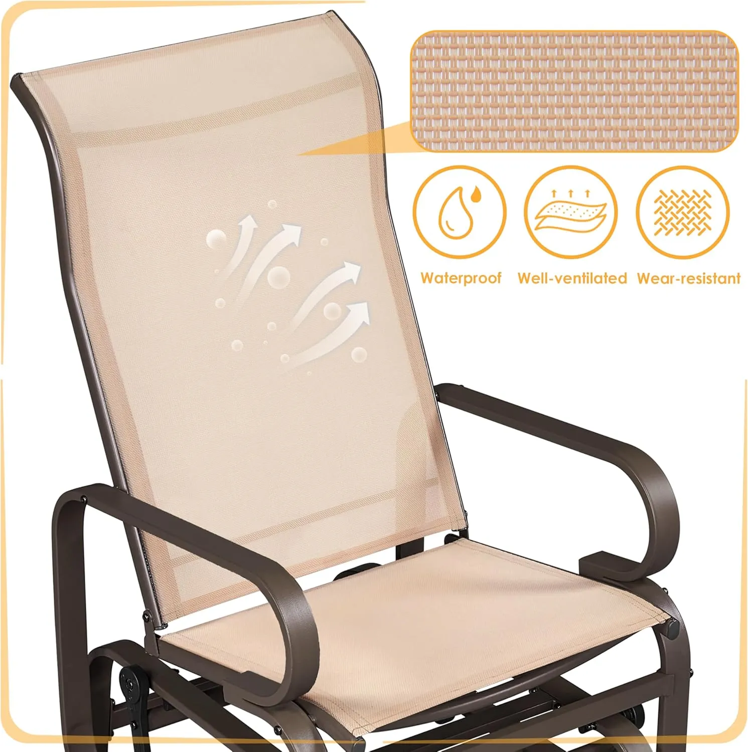 Yaheetech Outdoor Glider Chair, Lounge Rocking Chair with Sling Fabric and Steel Construction, Patio Swing Gliding Chairs for Porch Balcony Backyard, Beige, Set of 2