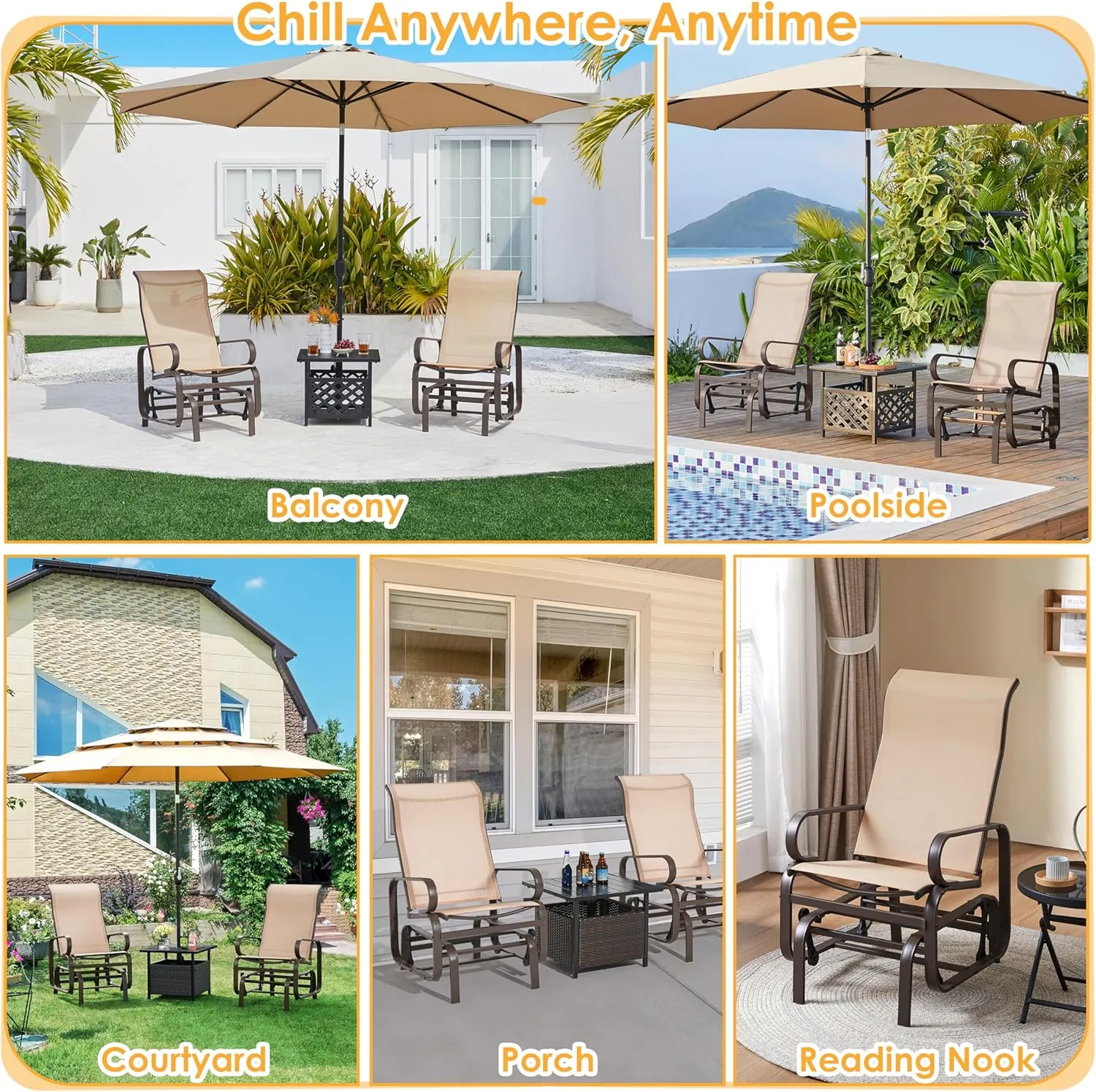 Yaheetech Outdoor Glider Chair, Lounge Rocking Chair with Sling Fabric and Steel Construction, Patio Swing Gliding Chairs for Porch Balcony Backyard, Beige, Set of 2