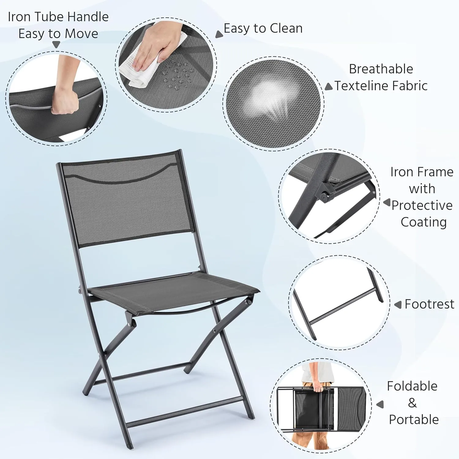 Yaheetech Patio Portable Dining Chairs Set of 4 with Metal Frame, Outdoor Metal Folding Chairs with Backrests for Camping, Lawn, Yard, Beach, Dark Gray
