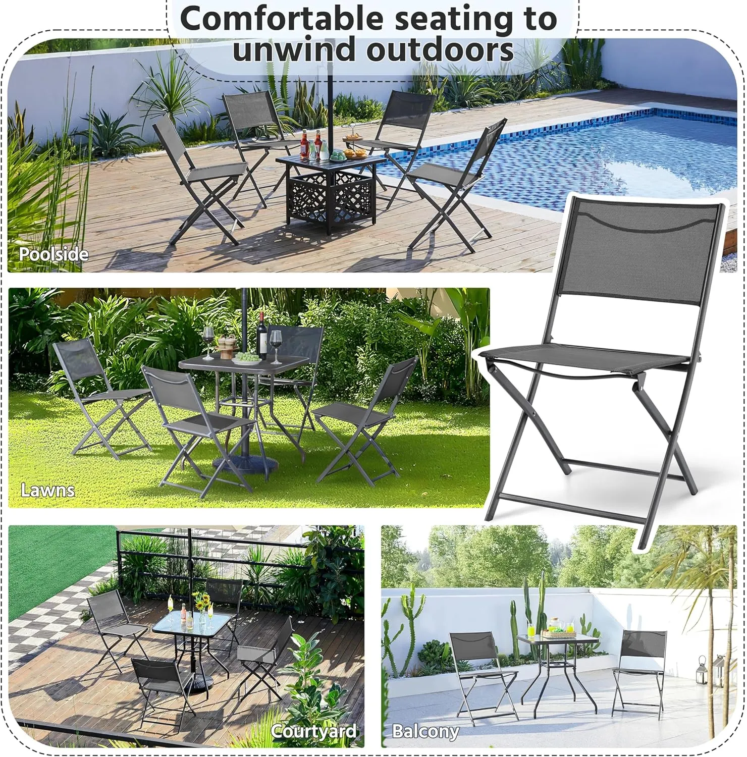 Yaheetech Patio Portable Dining Chairs Set of 4 with Metal Frame, Outdoor Metal Folding Chairs with Backrests for Camping, Lawn, Yard, Beach, Dark Gray