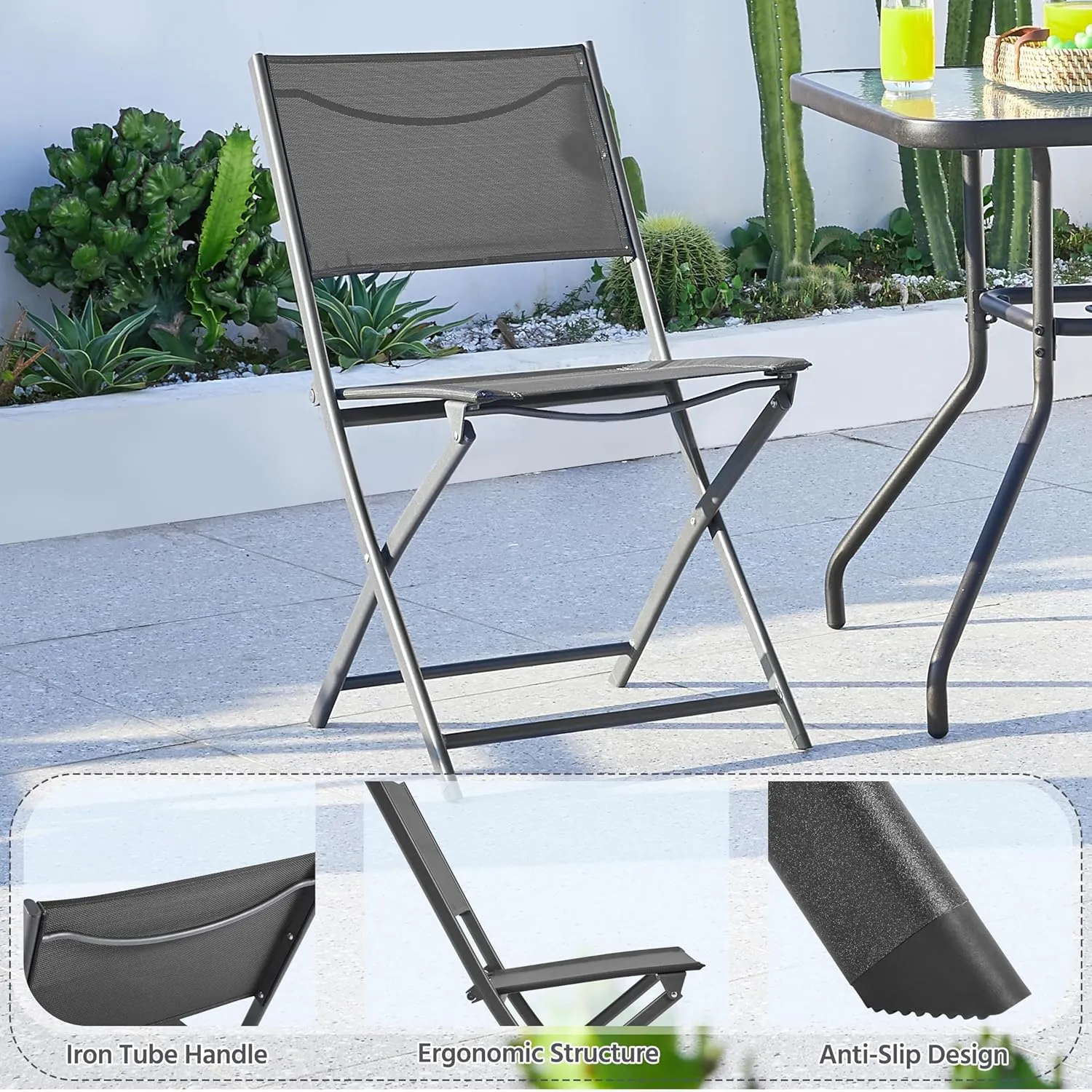 Yaheetech Patio Portable Dining Chairs Set of 4 with Metal Frame, Outdoor Metal Folding Chairs with Backrests for Camping, Lawn, Yard, Beach, Dark Gray