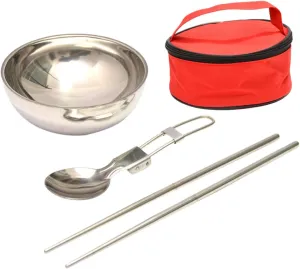 YARNOW 2 Sets Picnic Kitchenware Foldable Camping Utensils Set Stainless Steel Bowl Spoons Chopsticks for