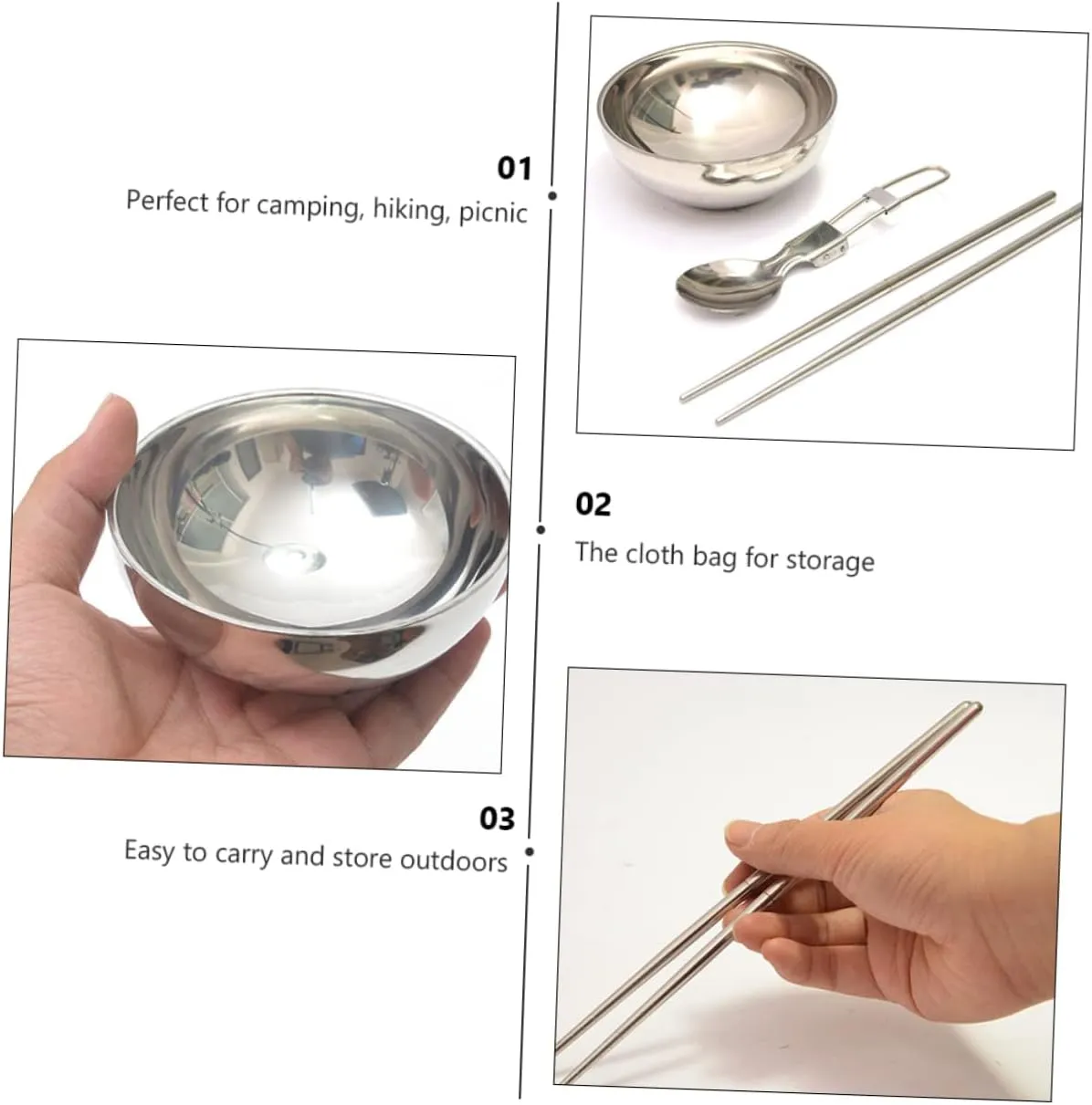 YARNOW 2 Sets Picnic Kitchenware Foldable Camping Utensils Set Stainless Steel Bowl Spoons Chopsticks for