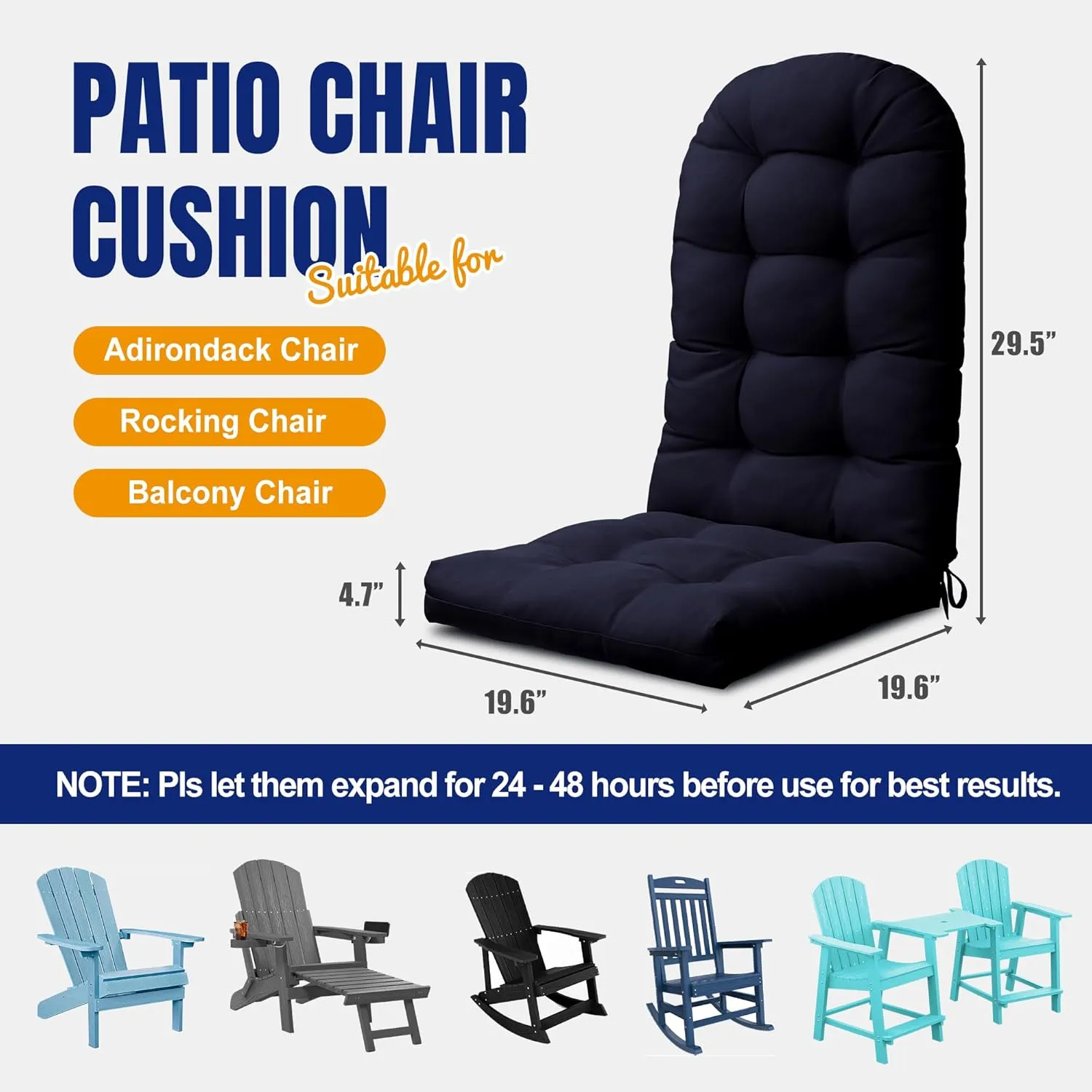 YEFU Adirondack Chair Cushion, Rocking Chair Cushions High Back Set of 2, Thickened Patio Chair Pad for Indoor and Outdoor, 49x20x5 Inch, Navy