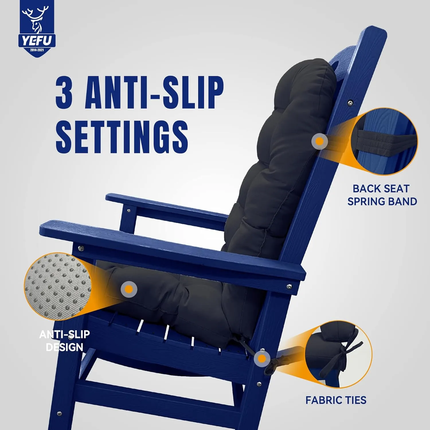 YEFU Adirondack Chair Cushion, Rocking Chair Cushions High Back Set of 2, Thickened Patio Chair Pad for Indoor and Outdoor, 49x20x5 Inch, Navy