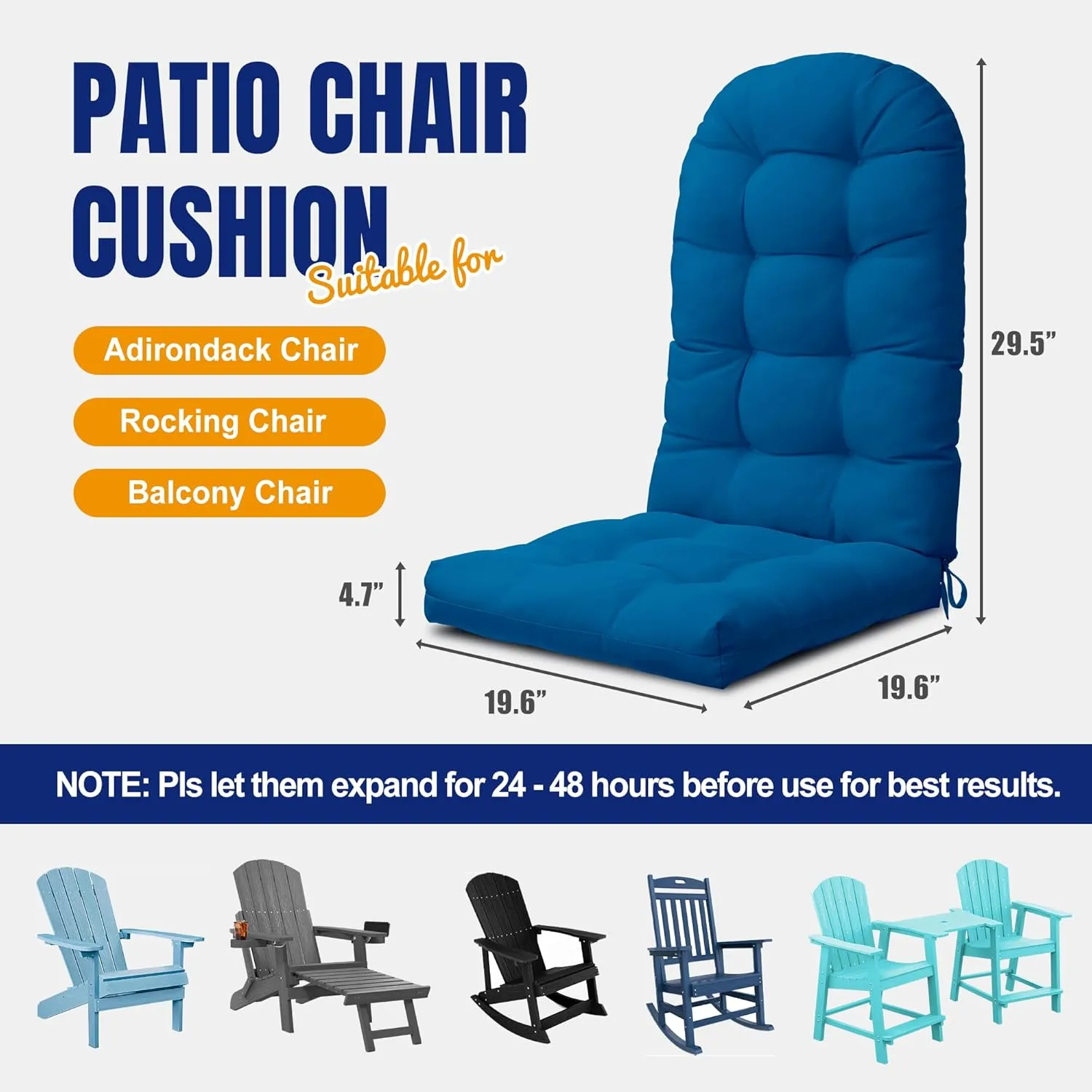YEFU Adirondack Chair Cushion, Rocking Chair Cushions high Back, Thickened Patio Chair pad for Indoor and Outdoor, 49x20x5 inch, Dark Blue, 2-Pack