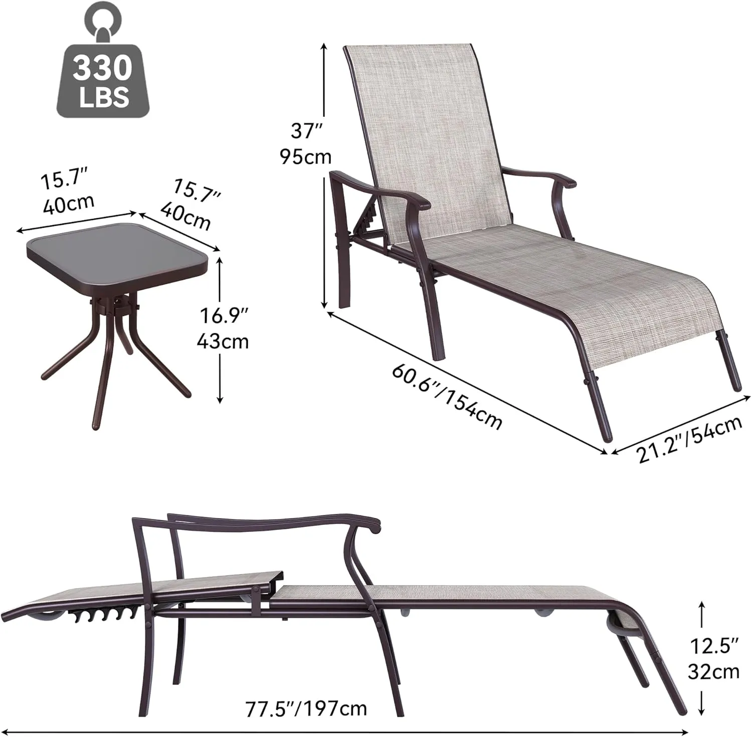 YITAHOME Outdoor Chaise Lounge Chair Set of 3, Patio Lounge Chair with Side Table and 5 Adjustable Positions, Textile Pool Chaise Lounger for Outdoor, Patio, Beach, Yard (Beige)