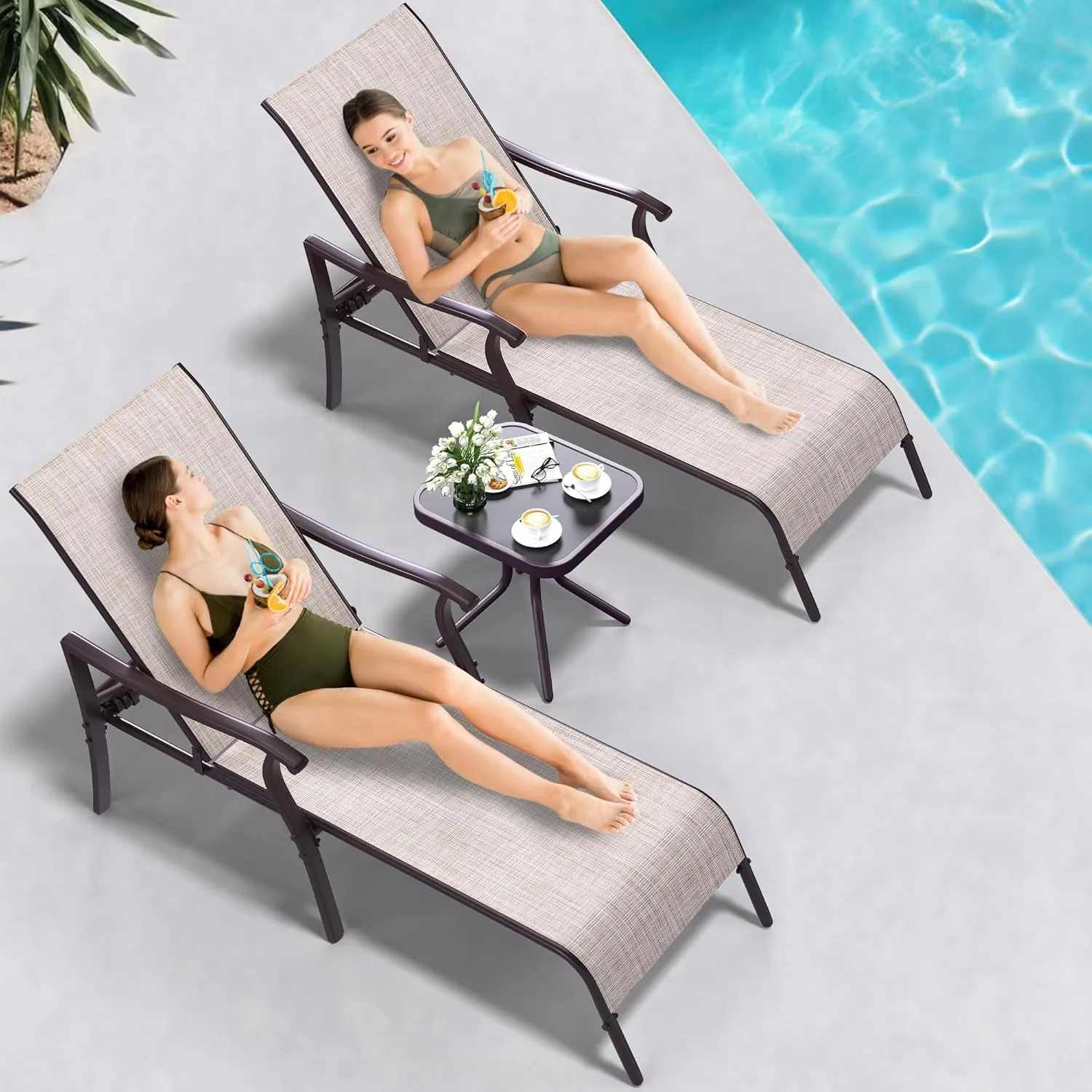 YITAHOME Outdoor Chaise Lounge Chair Set of 3, Patio Lounge Chair with Side Table and 5 Adjustable Positions, Textile Pool Chaise Lounger for Outdoor, Patio, Beach, Yard (Beige)