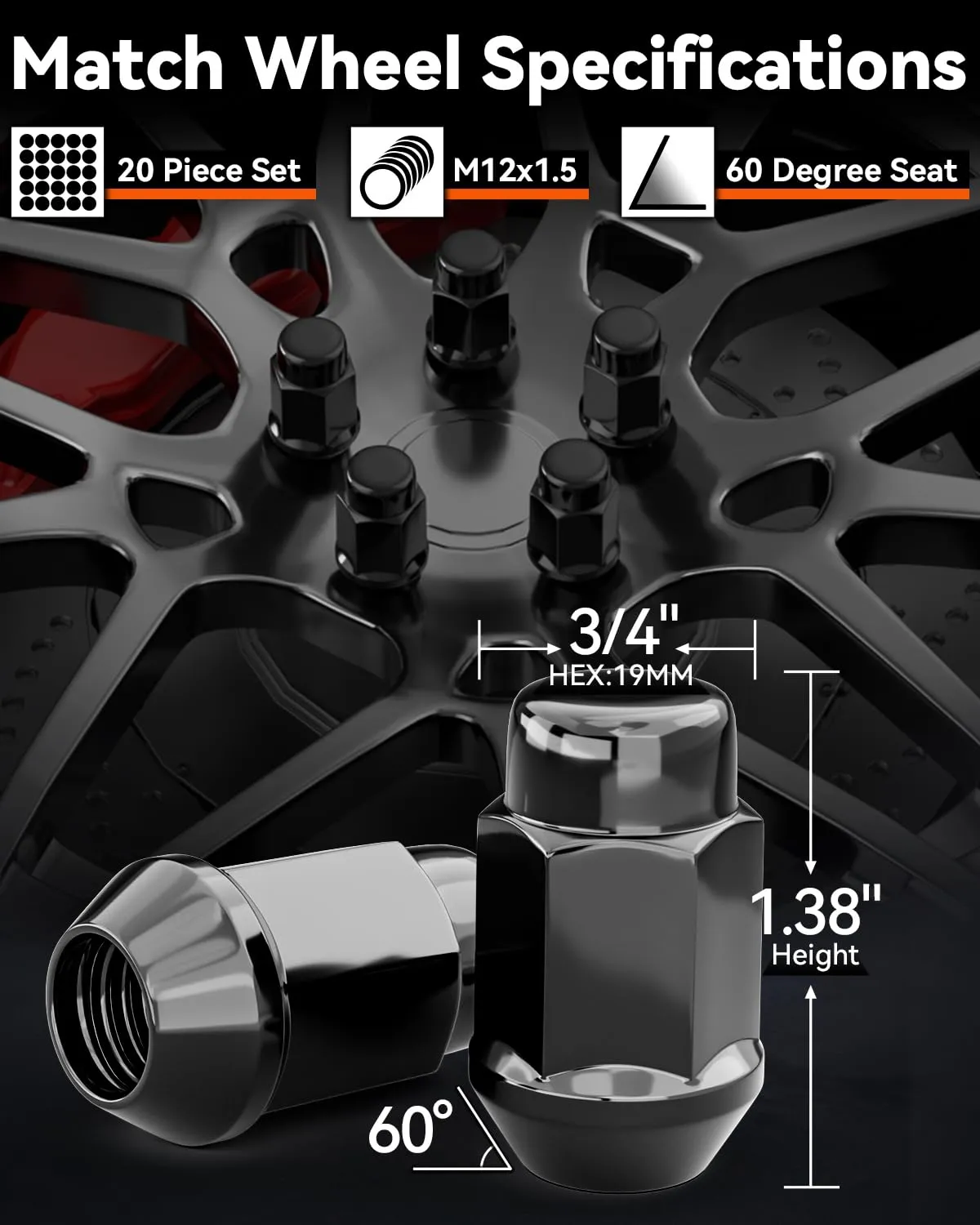 YIZBAP M12x1.5 Lug Nuts, 1.4 inch Tall Closed End Bulge Acorn Lug Nut Set, 20pcs 12x1.5 Aftermarket Lug Nuts Black, 3/4 Hex for Accord Civic Element HR-V Escape Sierra