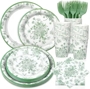 Yungyan 120 Pcs Sage Green Floral Tableware Set Sage Green Disposable Plates Cups Fork Napkins Chinoiserie Floral Party Supplies for Wedding Birthday Baby Shower Tea Party (serves 24 Guests)