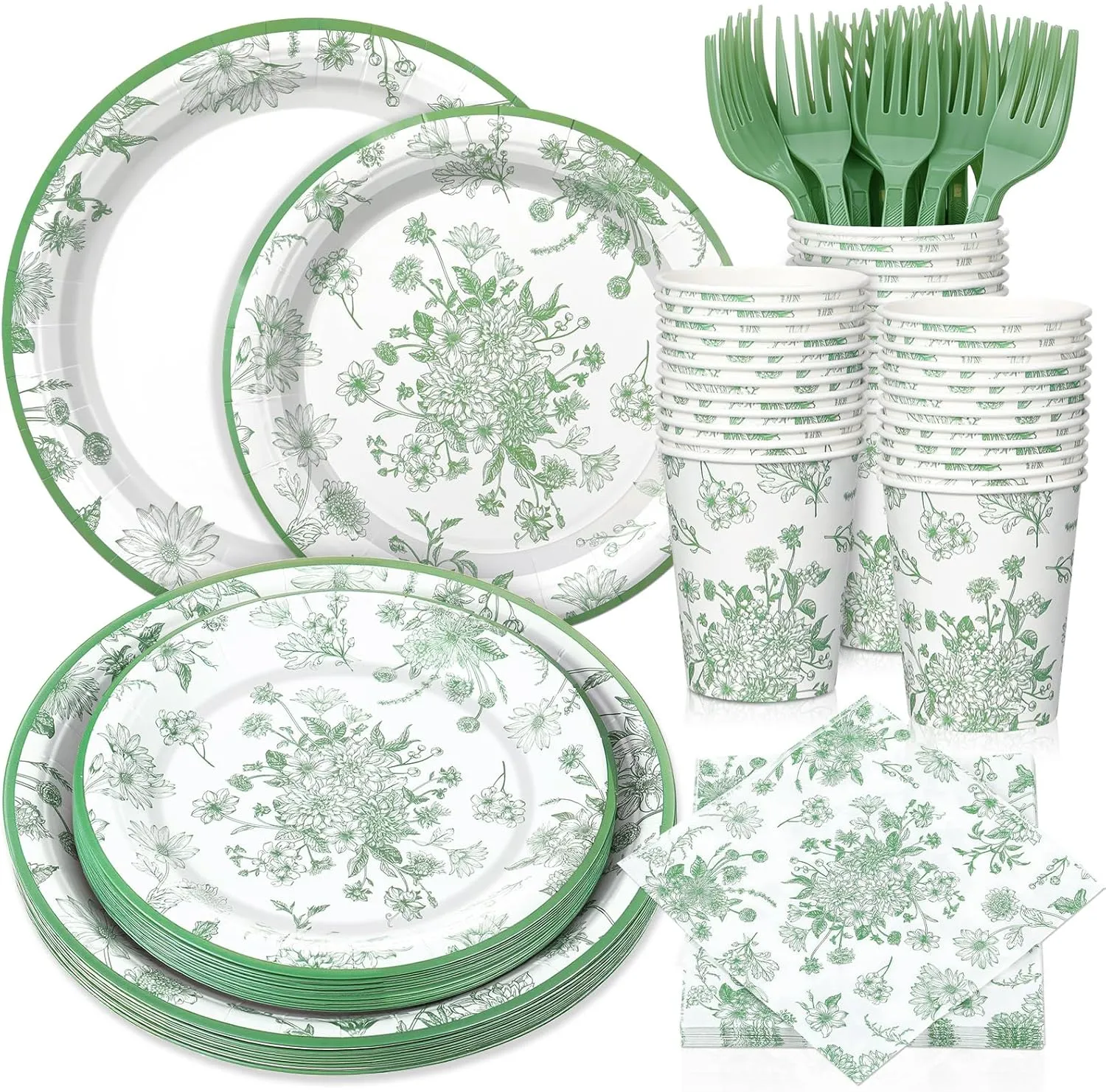 Yungyan 120 Pcs Sage Green Floral Tableware Set Sage Green Disposable Plates Cups Fork Napkins Chinoiserie Floral Party Supplies for Wedding Birthday Baby Shower Tea Party (serves 24 Guests)