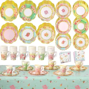 Yungyan 193 Pcs 48 Guests Tea Birthday Party Supplies Disposable Tableware Set 9 oz Paper Tea Cups with Handle, 7" 9" Paper Plates, Napkins, Tablecloth for Floral Party Wedding Baby Shower