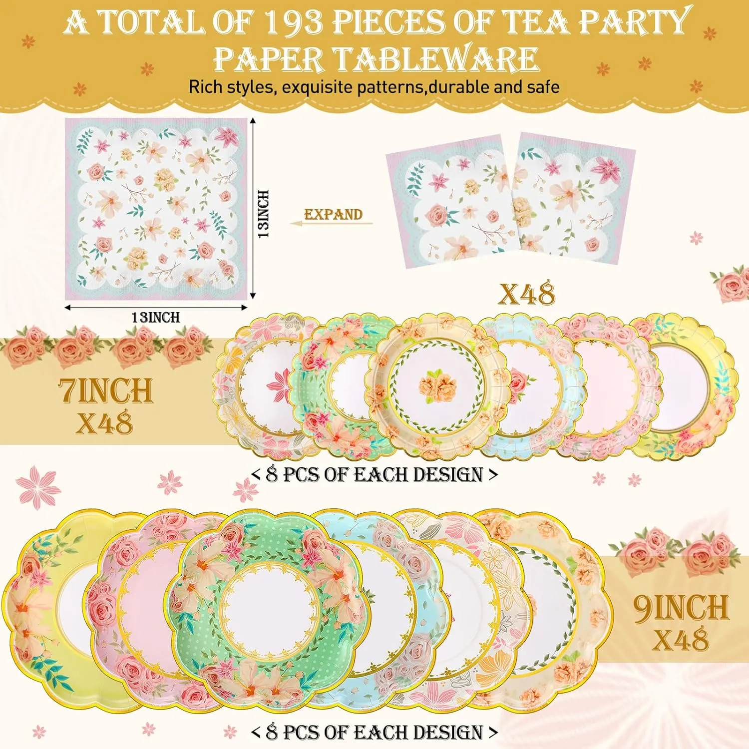 Yungyan 193 Pcs 48 Guests Tea Birthday Party Supplies Disposable Tableware Set 9 oz Paper Tea Cups with Handle, 7" 9" Paper Plates, Napkins, Tablecloth for Floral Party Wedding Baby Shower