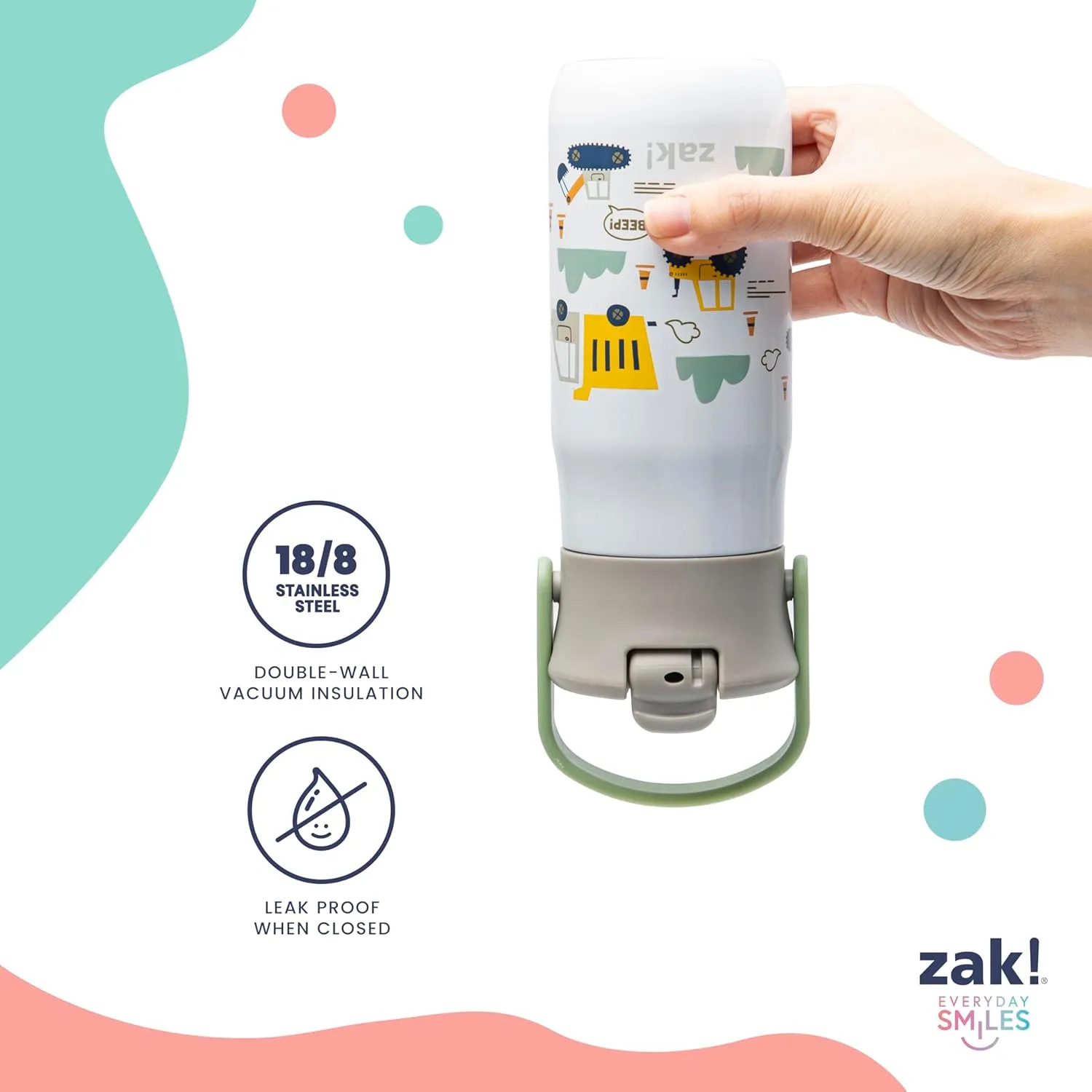 Zak Designs Harmony Disney Kid Water Bottle for Travel or At Home, 14oz Stainless Steel is Leak-Proof and Vacuum Insulated (Mickey Mouse)