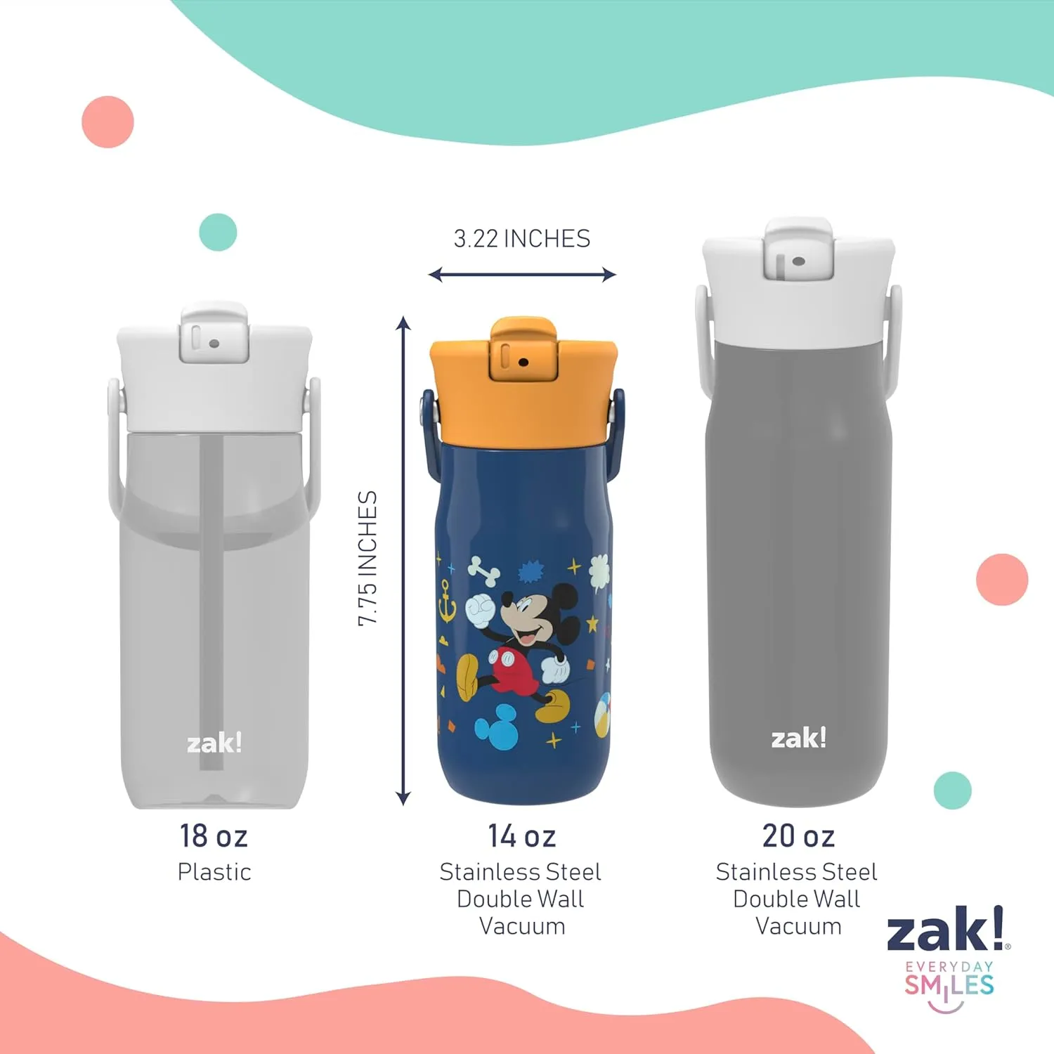 Zak Designs Harmony Disney Kid Water Bottle for Travel or At Home, 14oz Stainless Steel is Leak-Proof and Vacuum Insulated (Mickey Mouse)