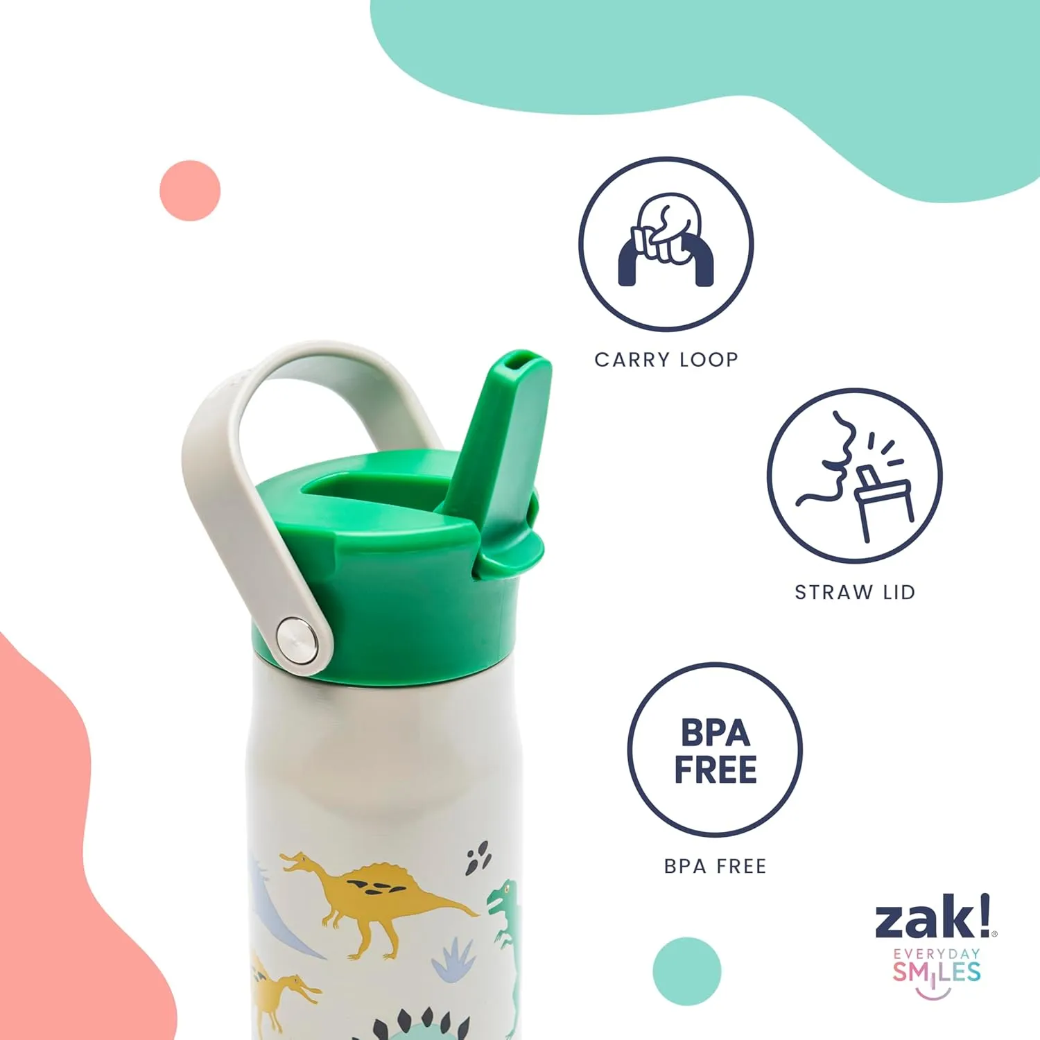 Zak Designs Harmony Disney Kid Water Bottle for Travel or At Home, 14oz Stainless Steel is Leak-Proof and Vacuum Insulated (Mickey Mouse)