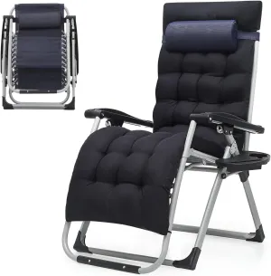 Zero Gravity Chair, Portable Folding Reclining Lounge Chairs with Adjustable Cushion and Cup Holder Trays for Outdoor, Patio, Beach, Camping, Garden, Poolside, Navy Blue