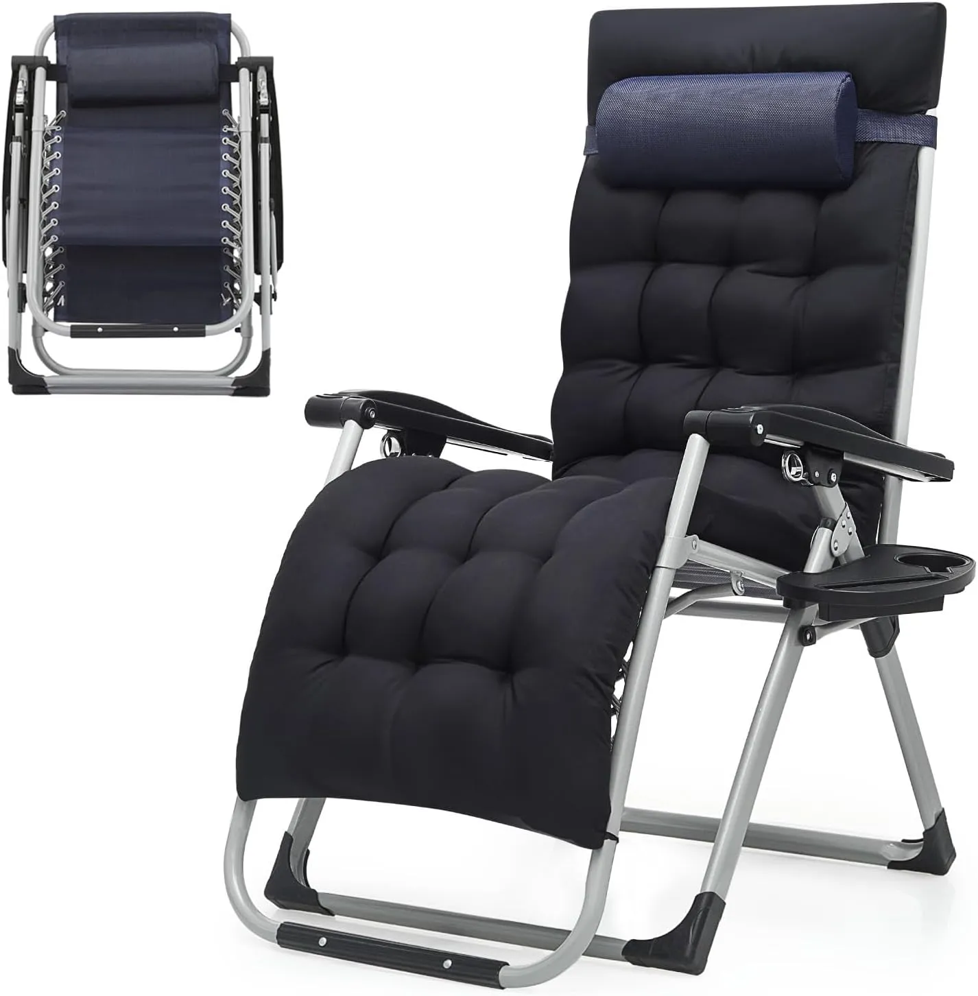 Zero Gravity Chair, Portable Folding Reclining Lounge Chairs with Adjustable Cushion and Cup Holder Trays for Outdoor, Patio, Beach, Camping, Garden, Poolside, Navy Blue