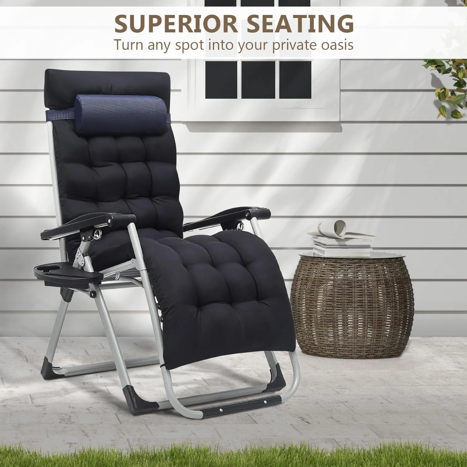 Zero Gravity Chair, Portable Folding Reclining Lounge Chairs with Adjustable Cushion and Cup Holder Trays for Outdoor, Patio, Beach, Camping, Garden, Poolside, Navy Blue