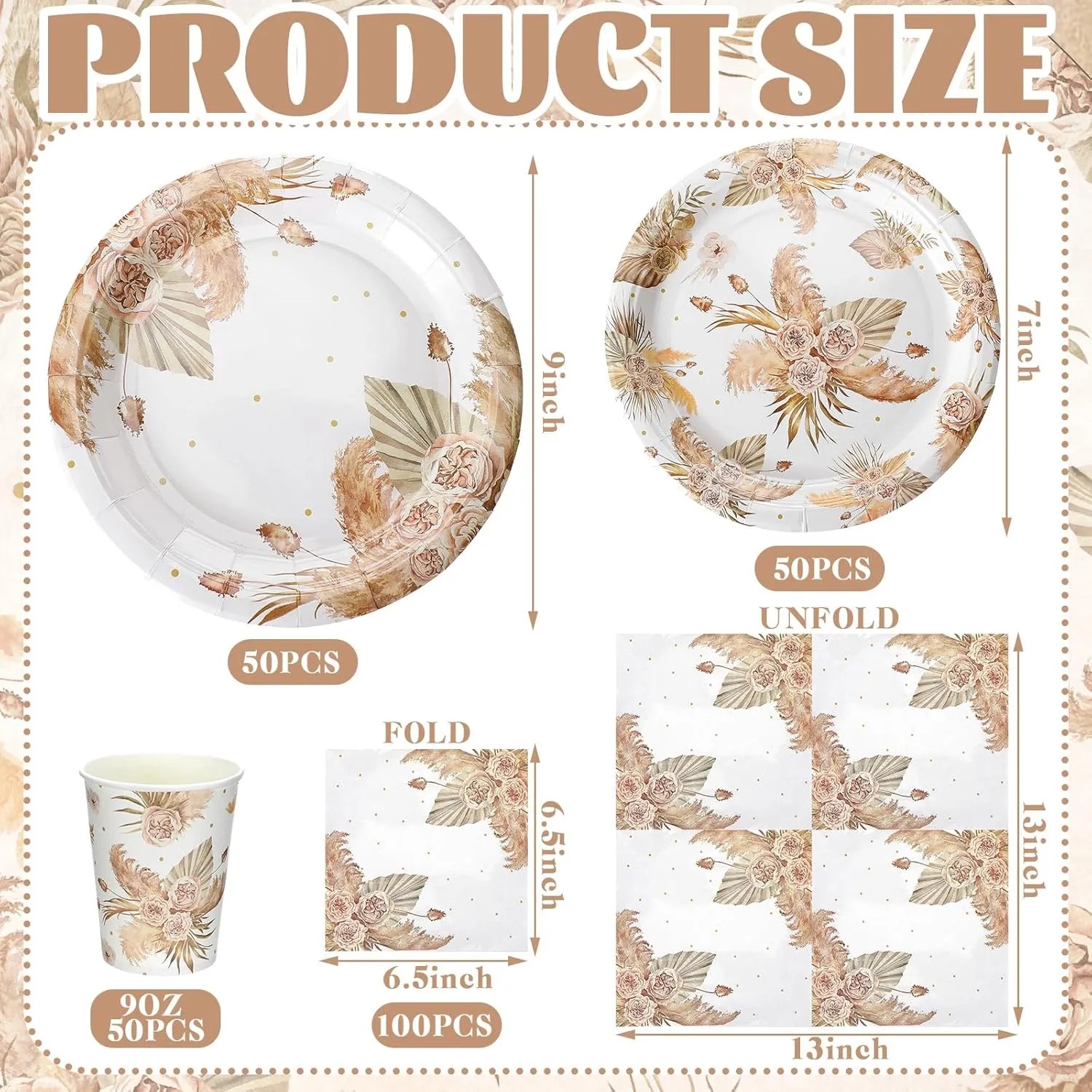 Zhehao 250 Pcs Boho Flower Bridal Shower Plates Napkins Sets 50 Pcs 9'' Dinner Plates and 7'' Dessert Plate and 9oz Cups 100 Napkins Serves 50 Party Supplies Bridal Shower Engagement Decoration