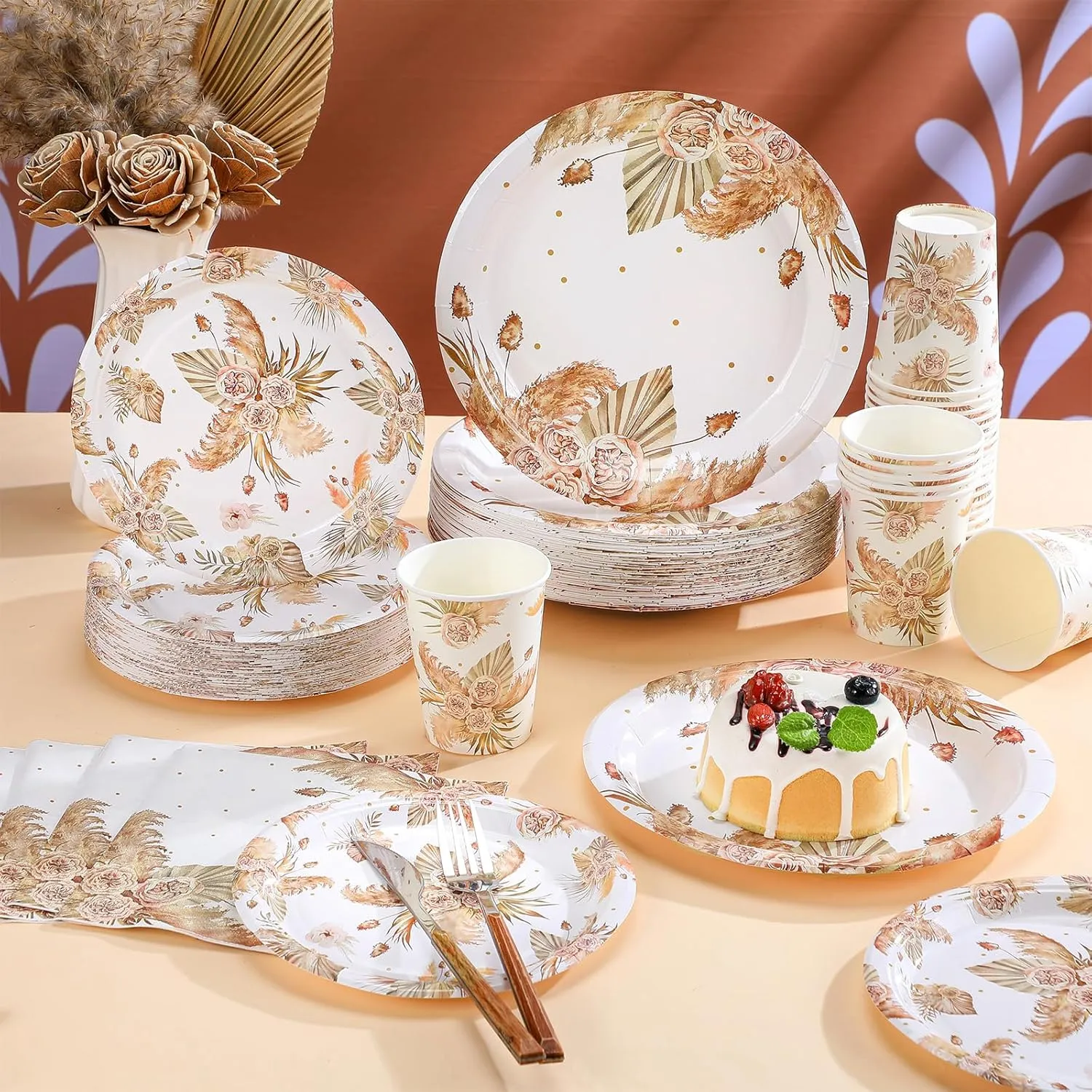 Zhehao 250 Pcs Boho Flower Bridal Shower Plates Napkins Sets 50 Pcs 9'' Dinner Plates and 7'' Dessert Plate and 9oz Cups 100 Napkins Serves 50 Party Supplies Bridal Shower Engagement Decoration