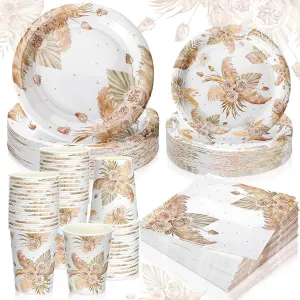 Zhehao 250 Pcs Boho Flower Bridal Shower Plates Napkins Sets 50 Pcs 9'' Dinner Plates and 7'' Dessert Plate and 9oz Cups 100 Napkins Serves 50 Party Supplies Bridal Shower Engagement Decoration