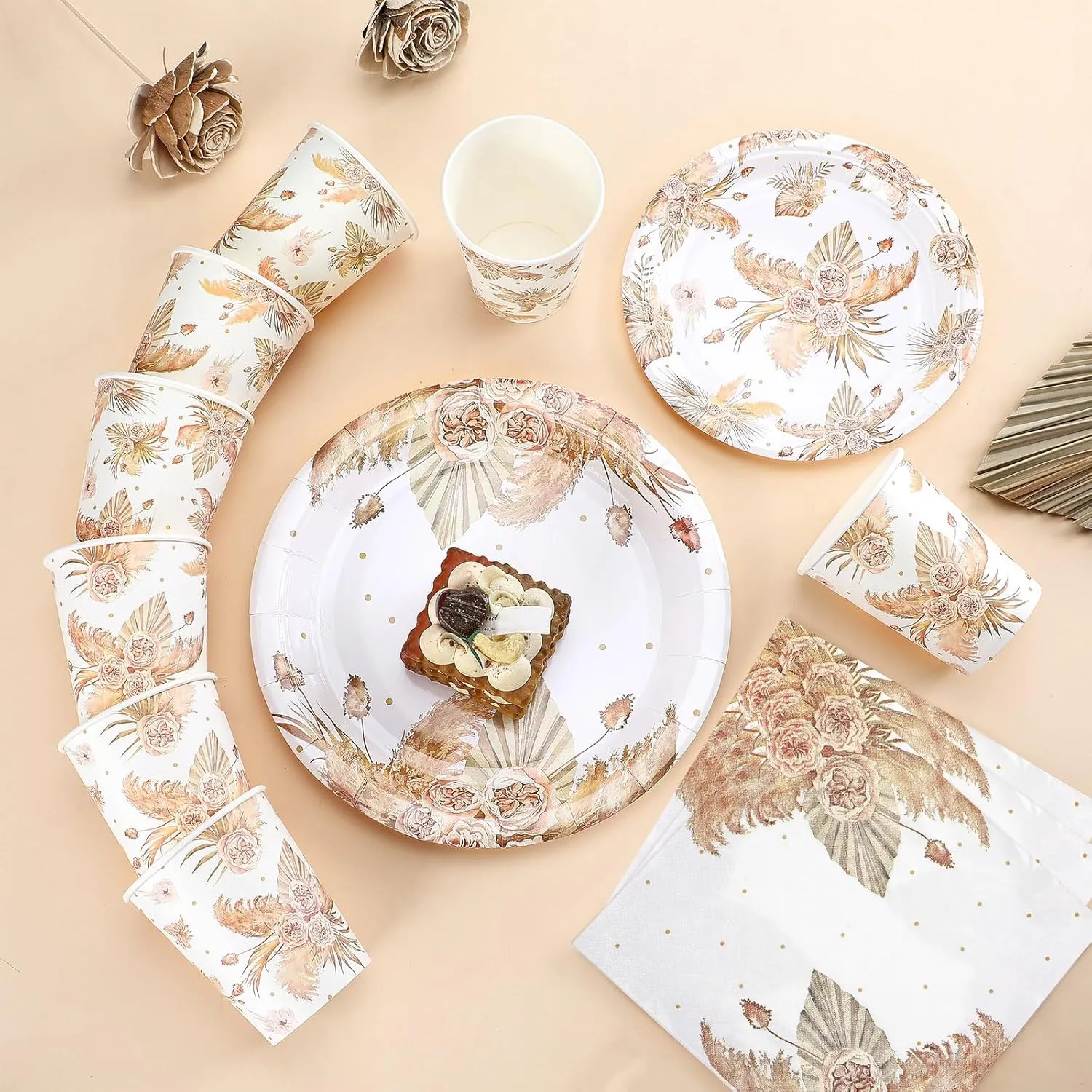 Zhehao 250 Pcs Boho Flower Bridal Shower Plates Napkins Sets 50 Pcs 9'' Dinner Plates and 7'' Dessert Plate and 9oz Cups 100 Napkins Serves 50 Party Supplies Bridal Shower Engagement Decoration