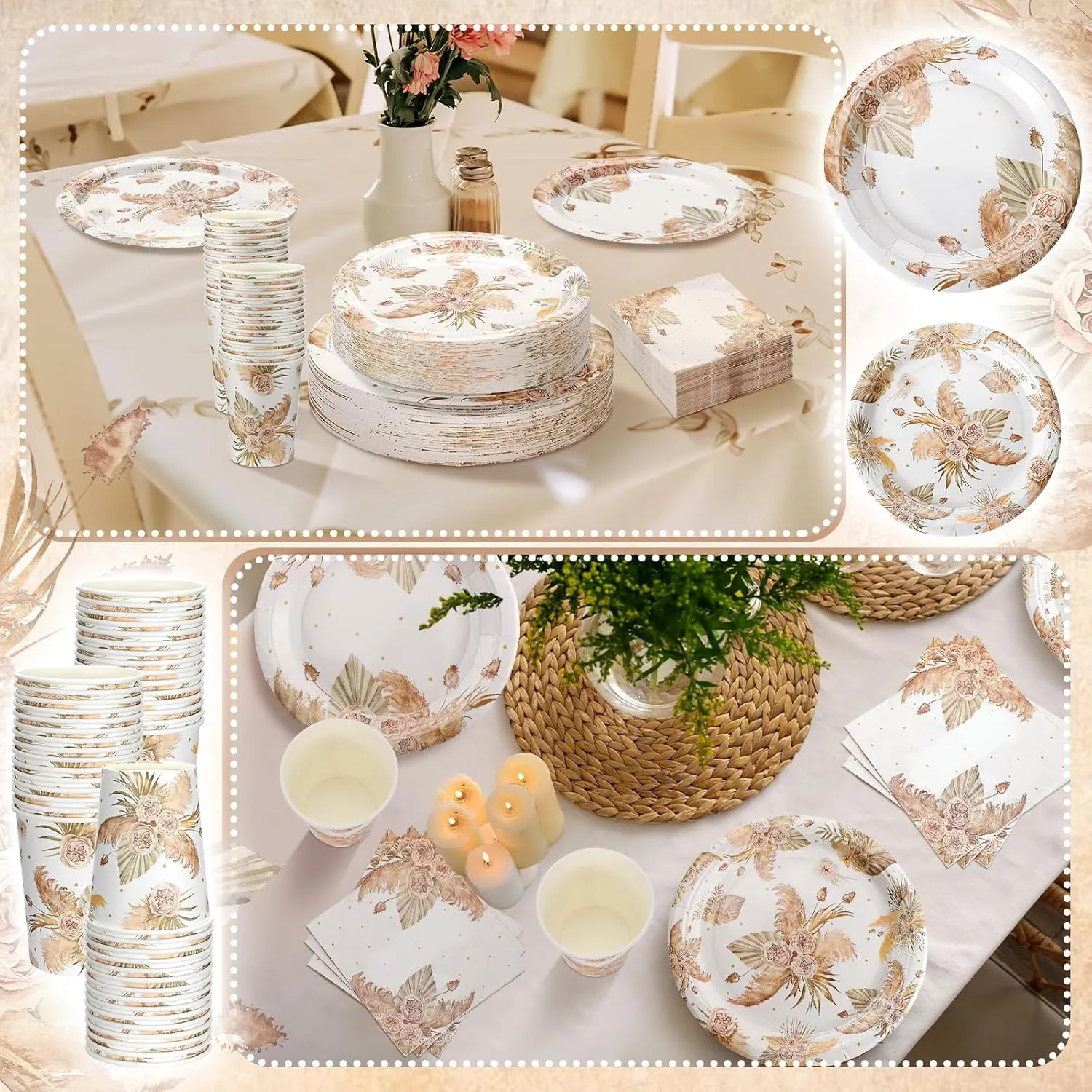 Zhehao 250 Pcs Boho Flower Bridal Shower Plates Napkins Sets 50 Pcs 9'' Dinner Plates and 7'' Dessert Plate and 9oz Cups 100 Napkins Serves 50 Party Supplies Bridal Shower Engagement Decoration