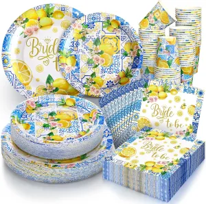Zhehao 250 Pcs Capri Lemon Bridal Shower Plates Napkins Sets 50 Pcs 9'' Dinner Plates and 7'' Dessert Plate and 9oz Cups 100 Napkins Serves 50 Party Supplies Bridal Shower Engagement Decoration