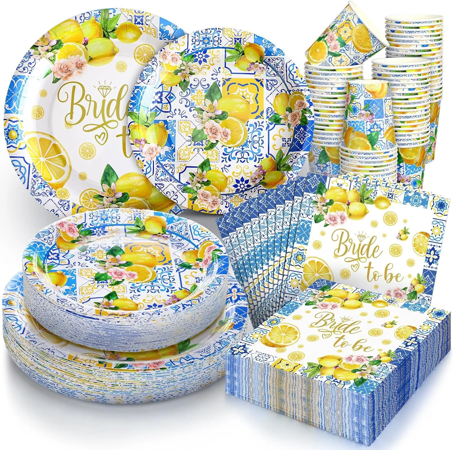 Zhehao 250 Pcs Capri Lemon Bridal Shower Plates Napkins Sets 50 Pcs 9'' Dinner Plates and 7'' Dessert Plate and 9oz Cups 100 Napkins Serves 50 Party Supplies Bridal Shower Engagement Decoration