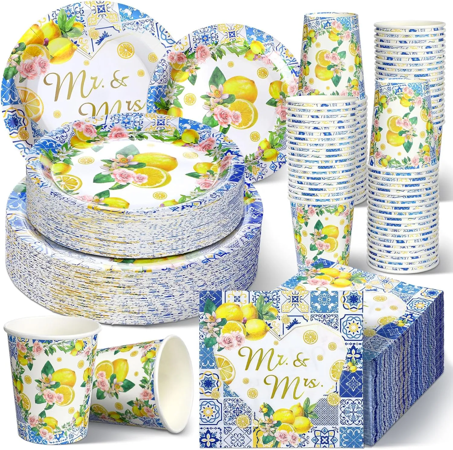 Zhehao 250 Pcs Capri Lemon Bridal Shower Plates Napkins Sets 50 Pcs 9'' Dinner Plates and 7'' Dessert Plate and 9oz Cups 100 Napkins Serves 50 Party Supplies Bridal Shower Engagement Decoration