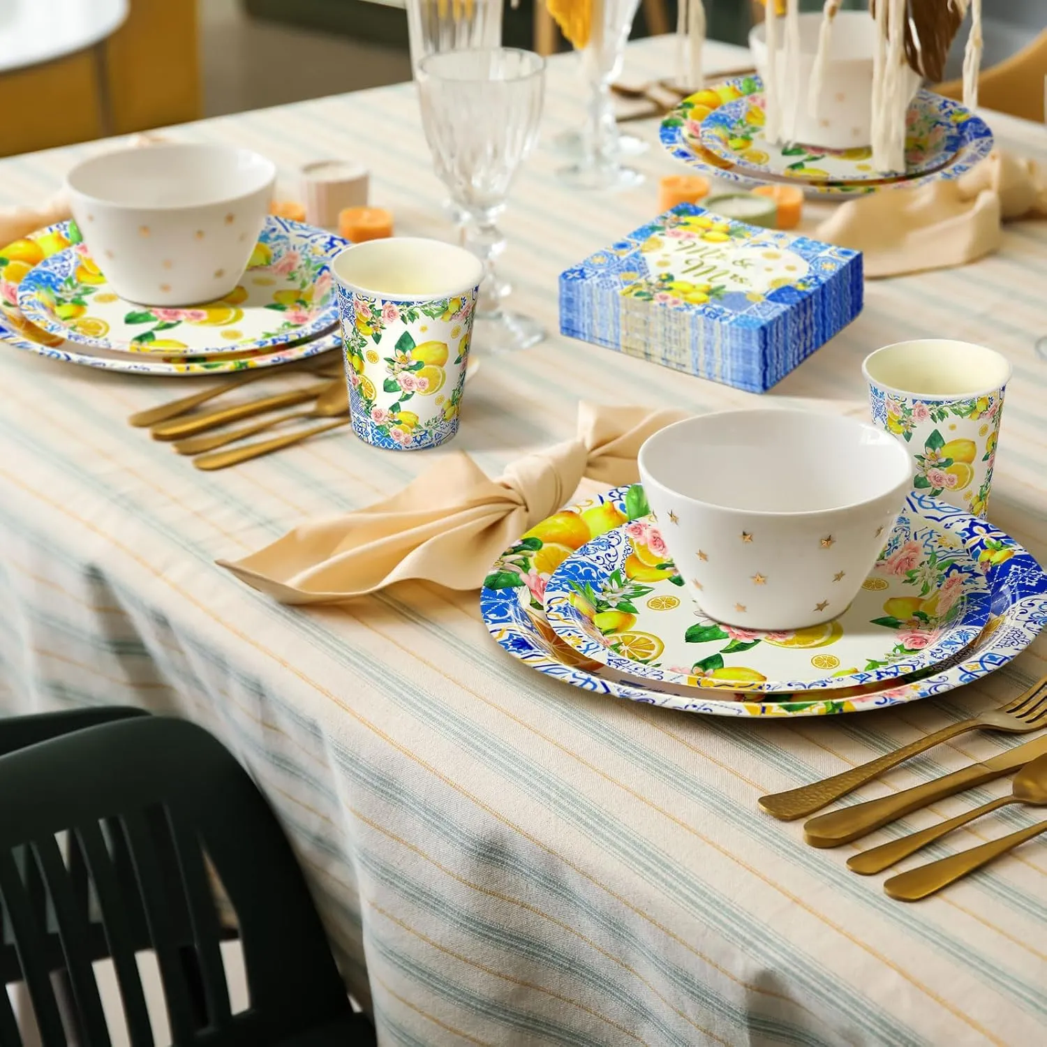 Zhehao 250 Pcs Capri Lemon Bridal Shower Plates Napkins Sets 50 Pcs 9'' Dinner Plates and 7'' Dessert Plate and 9oz Cups 100 Napkins Serves 50 Party Supplies Bridal Shower Engagement Decoration