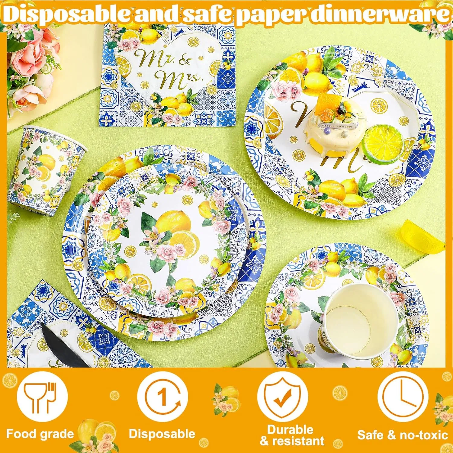 Zhehao 250 Pcs Capri Lemon Bridal Shower Plates Napkins Sets 50 Pcs 9'' Dinner Plates and 7'' Dessert Plate and 9oz Cups 100 Napkins Serves 50 Party Supplies Bridal Shower Engagement Decoration