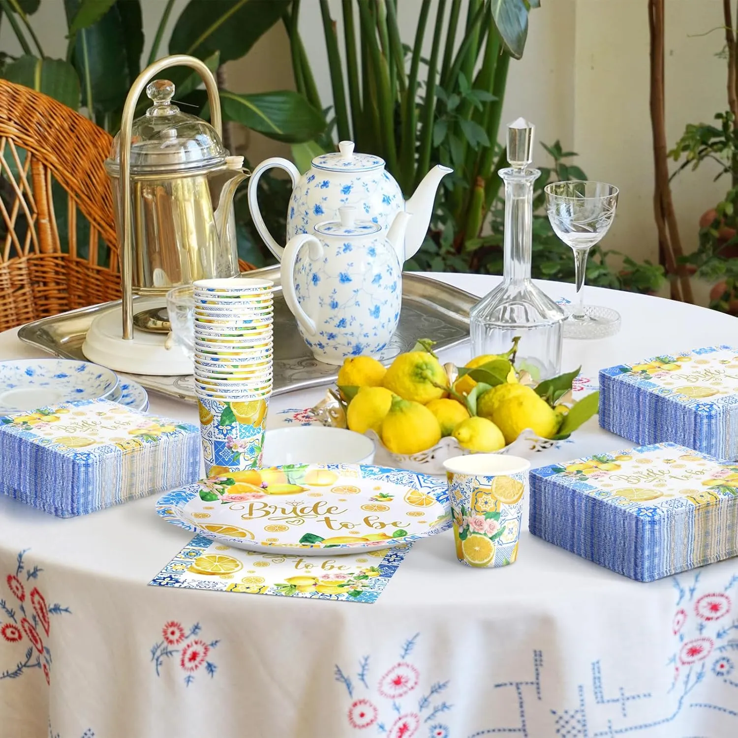 Zhehao 250 Pcs Capri Lemon Bridal Shower Plates Napkins Sets 50 Pcs 9'' Dinner Plates and 7'' Dessert Plate and 9oz Cups 100 Napkins Serves 50 Party Supplies Bridal Shower Engagement Decoration