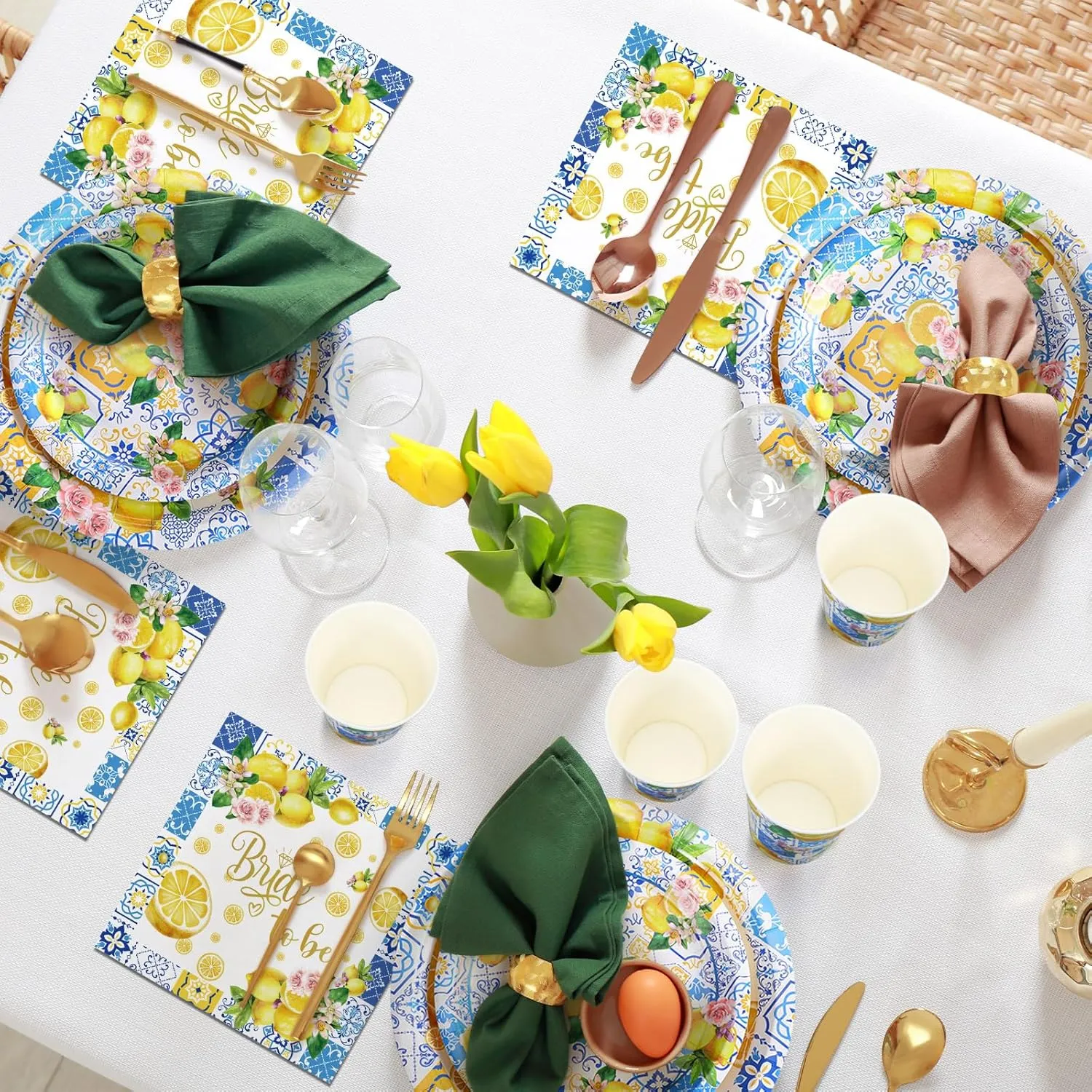Zhehao 250 Pcs Capri Lemon Bridal Shower Plates Napkins Sets 50 Pcs 9'' Dinner Plates and 7'' Dessert Plate and 9oz Cups 100 Napkins Serves 50 Party Supplies Bridal Shower Engagement Decoration