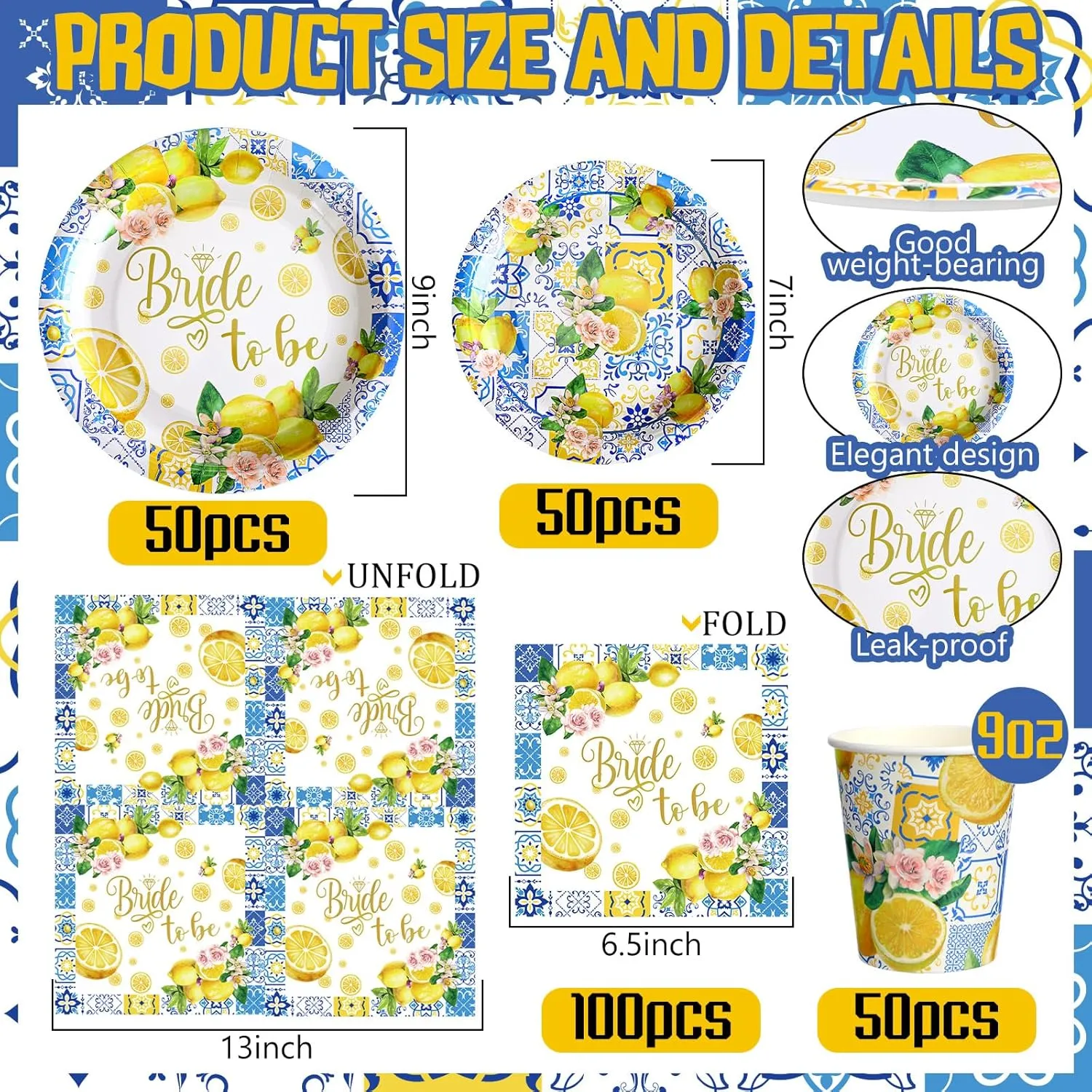 Zhehao 250 Pcs Capri Lemon Bridal Shower Plates Napkins Sets 50 Pcs 9'' Dinner Plates and 7'' Dessert Plate and 9oz Cups 100 Napkins Serves 50 Party Supplies Bridal Shower Engagement Decoration