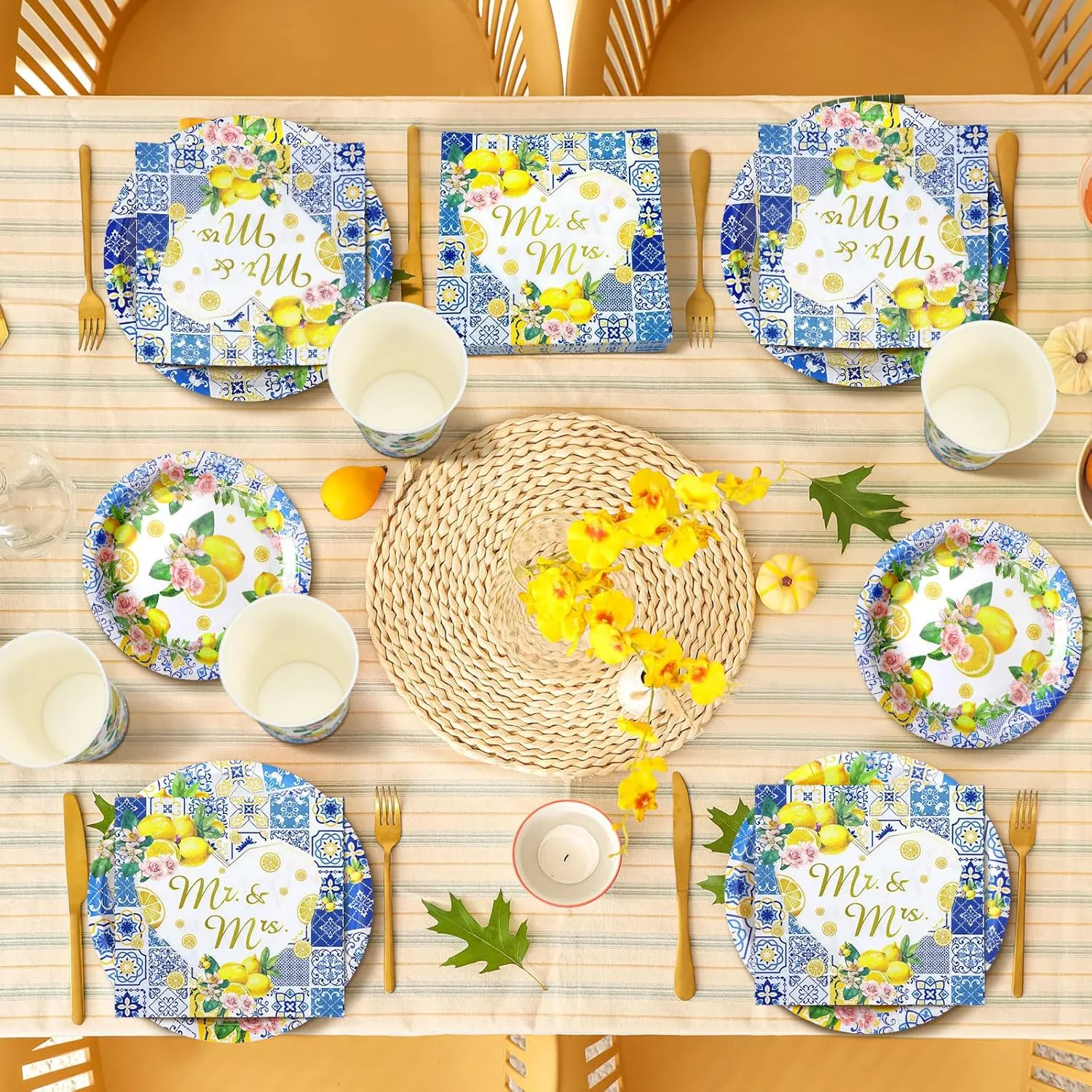 Zhehao 250 Pcs Capri Lemon Bridal Shower Plates Napkins Sets 50 Pcs 9'' Dinner Plates and 7'' Dessert Plate and 9oz Cups 100 Napkins Serves 50 Party Supplies Bridal Shower Engagement Decoration