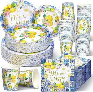 Zhehao 250 Pcs Capri Lemon Bridal Shower Plates Napkins Sets 50 Pcs 9'' Dinner Plates and 7'' Dessert Plate and 9oz Cups 100 Napkins Serves 50 Party Supplies Bridal Shower Engagement Decoration
