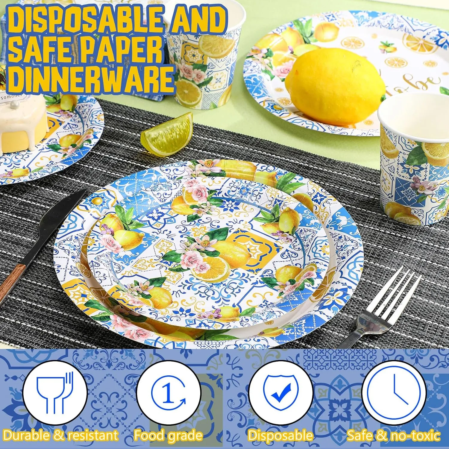 Zhehao 250 Pcs Capri Lemon Bridal Shower Plates Napkins Sets 50 Pcs 9'' Dinner Plates and 7'' Dessert Plate and 9oz Cups 100 Napkins Serves 50 Party Supplies Bridal Shower Engagement Decoration