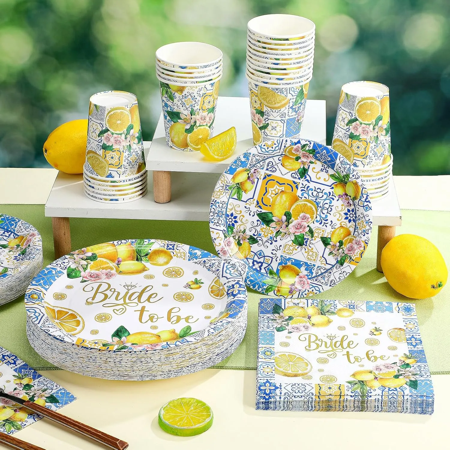 Zhehao 250 Pcs Capri Lemon Bridal Shower Plates Napkins Sets 50 Pcs 9'' Dinner Plates and 7'' Dessert Plate and 9oz Cups 100 Napkins Serves 50 Party Supplies Bridal Shower Engagement Decoration