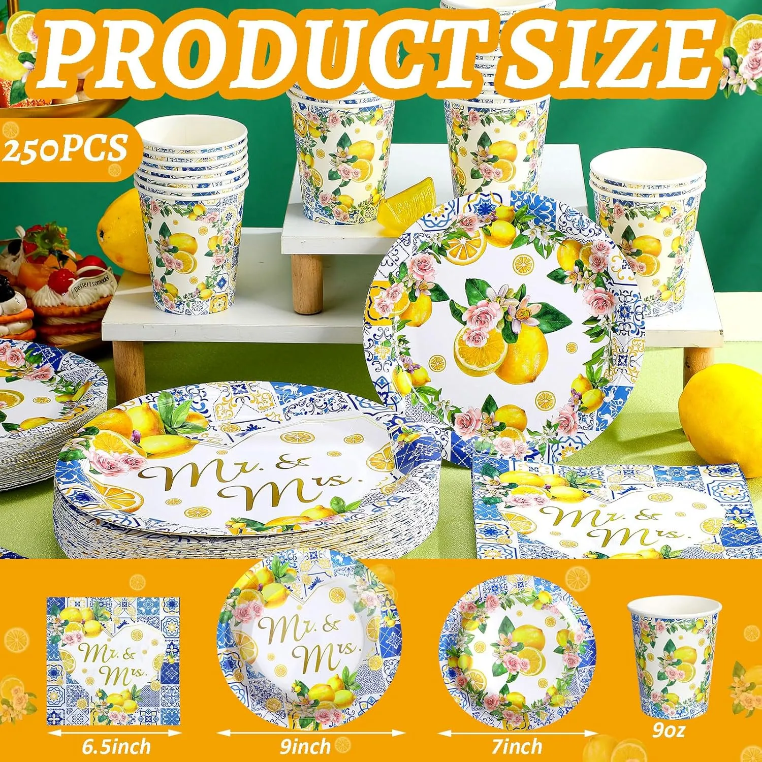 Zhehao 250 Pcs Capri Lemon Bridal Shower Plates Napkins Sets 50 Pcs 9'' Dinner Plates and 7'' Dessert Plate and 9oz Cups 100 Napkins Serves 50 Party Supplies Bridal Shower Engagement Decoration