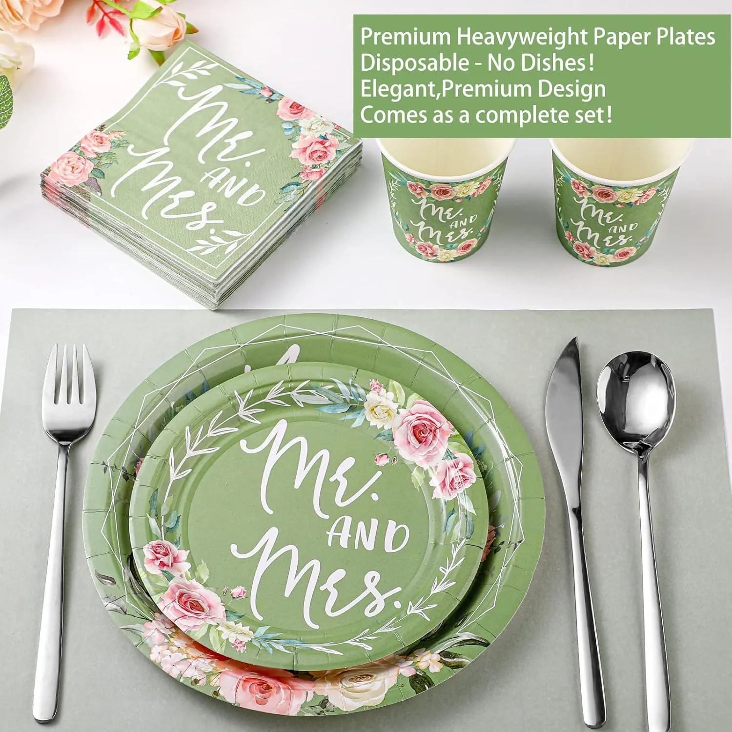Zhehao 250 Pcs Mr. and Mrs. Bridal Shower Plates Napkins Sets 50 Pcs 9'' Dinner Plates and 7'' Dessert Plate and 9oz Cups 100 Napkins Serves 50 Party Supplies Bridal Shower Engagement Decoration