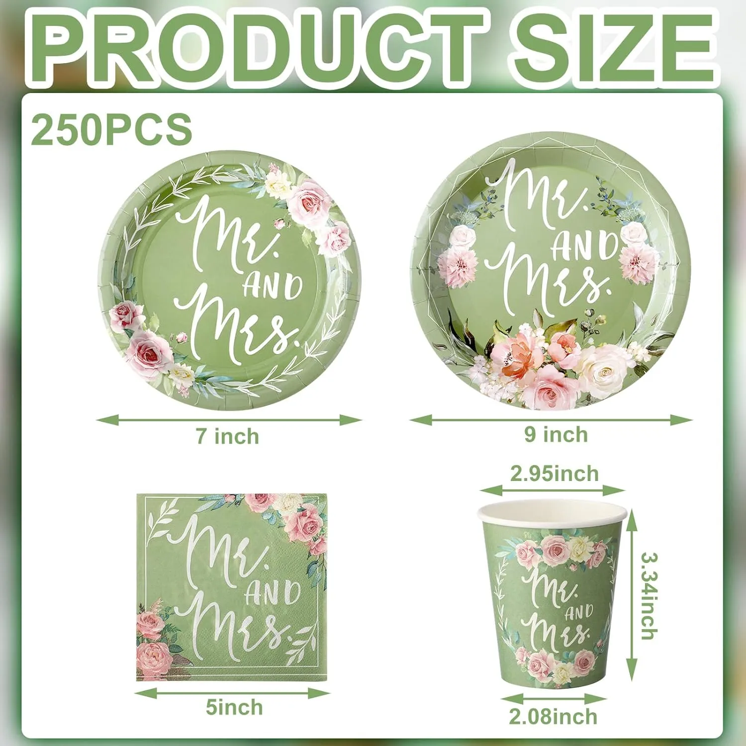 Zhehao 250 Pcs Mr. and Mrs. Bridal Shower Plates Napkins Sets 50 Pcs 9'' Dinner Plates and 7'' Dessert Plate and 9oz Cups 100 Napkins Serves 50 Party Supplies Bridal Shower Engagement Decoration