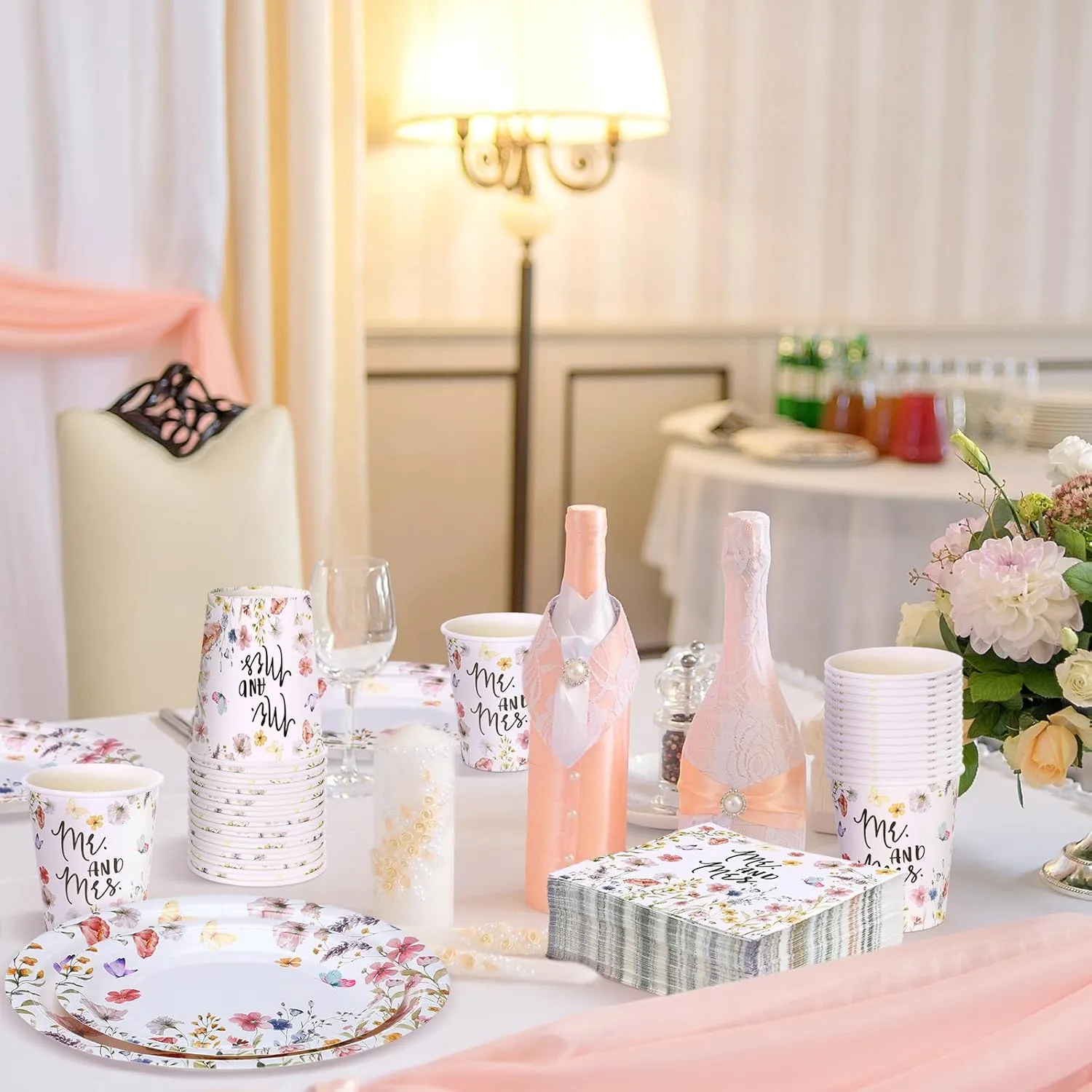 Zhehao 250 Pcs Mr. and Mrs. Bridal Shower Plates Napkins Sets 50 Pcs 9'' Dinner Plates and 7'' Dessert Plate and 9oz Cups 100 Napkins Serves 50 Party Supplies Bridal Shower Engagement Decoration