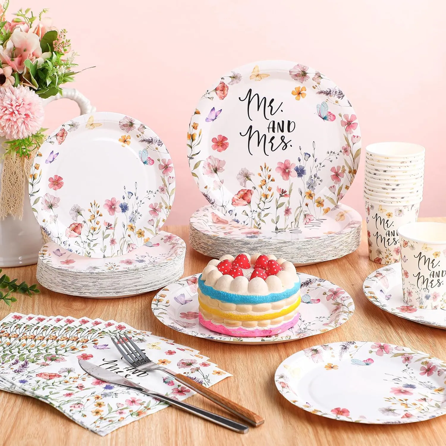 Zhehao 250 Pcs Mr. and Mrs. Bridal Shower Plates Napkins Sets 50 Pcs 9'' Dinner Plates and 7'' Dessert Plate and 9oz Cups 100 Napkins Serves 50 Party Supplies Bridal Shower Engagement Decoration