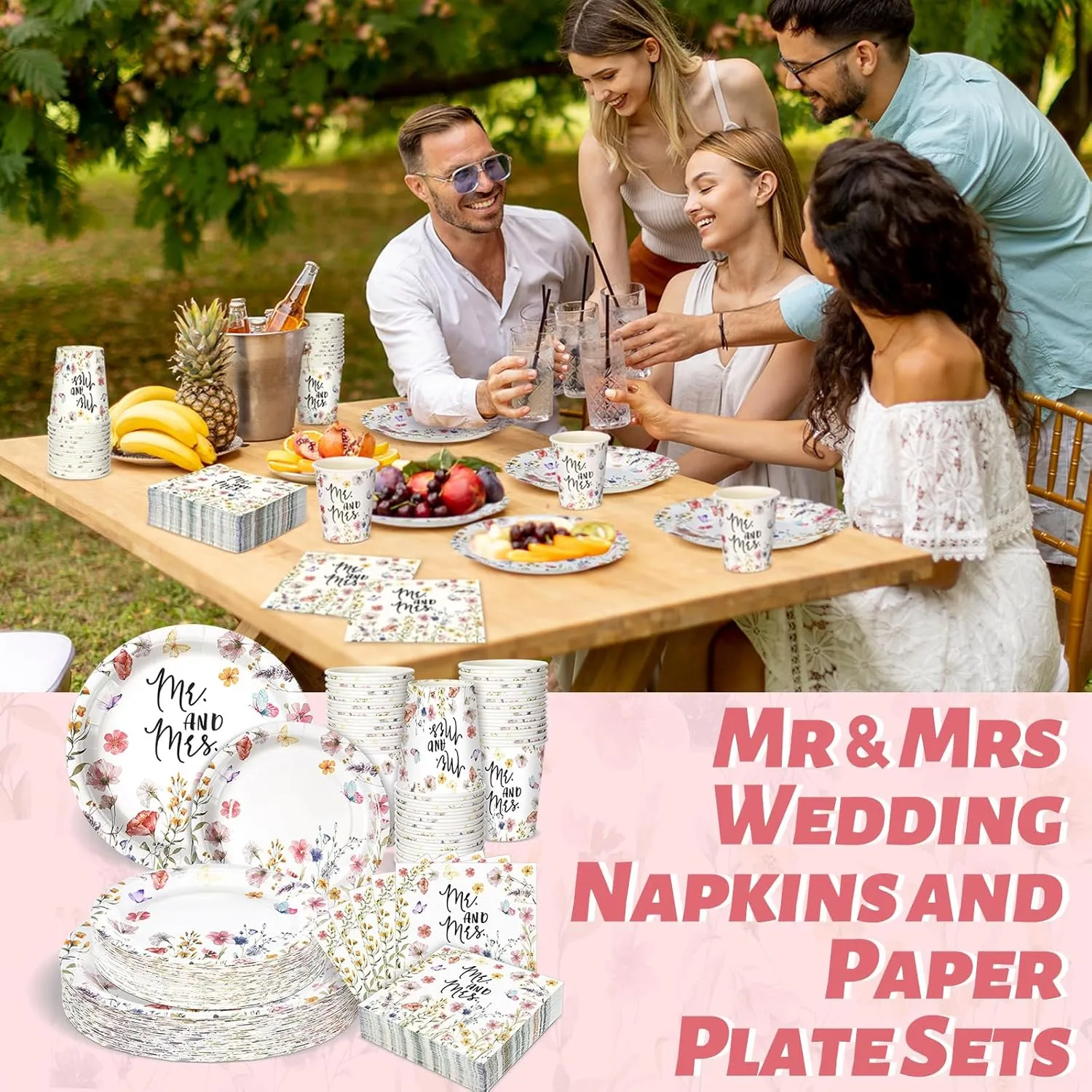 Zhehao 250 Pcs Mr. and Mrs. Bridal Shower Plates Napkins Sets 50 Pcs 9'' Dinner Plates and 7'' Dessert Plate and 9oz Cups 100 Napkins Serves 50 Party Supplies Bridal Shower Engagement Decoration