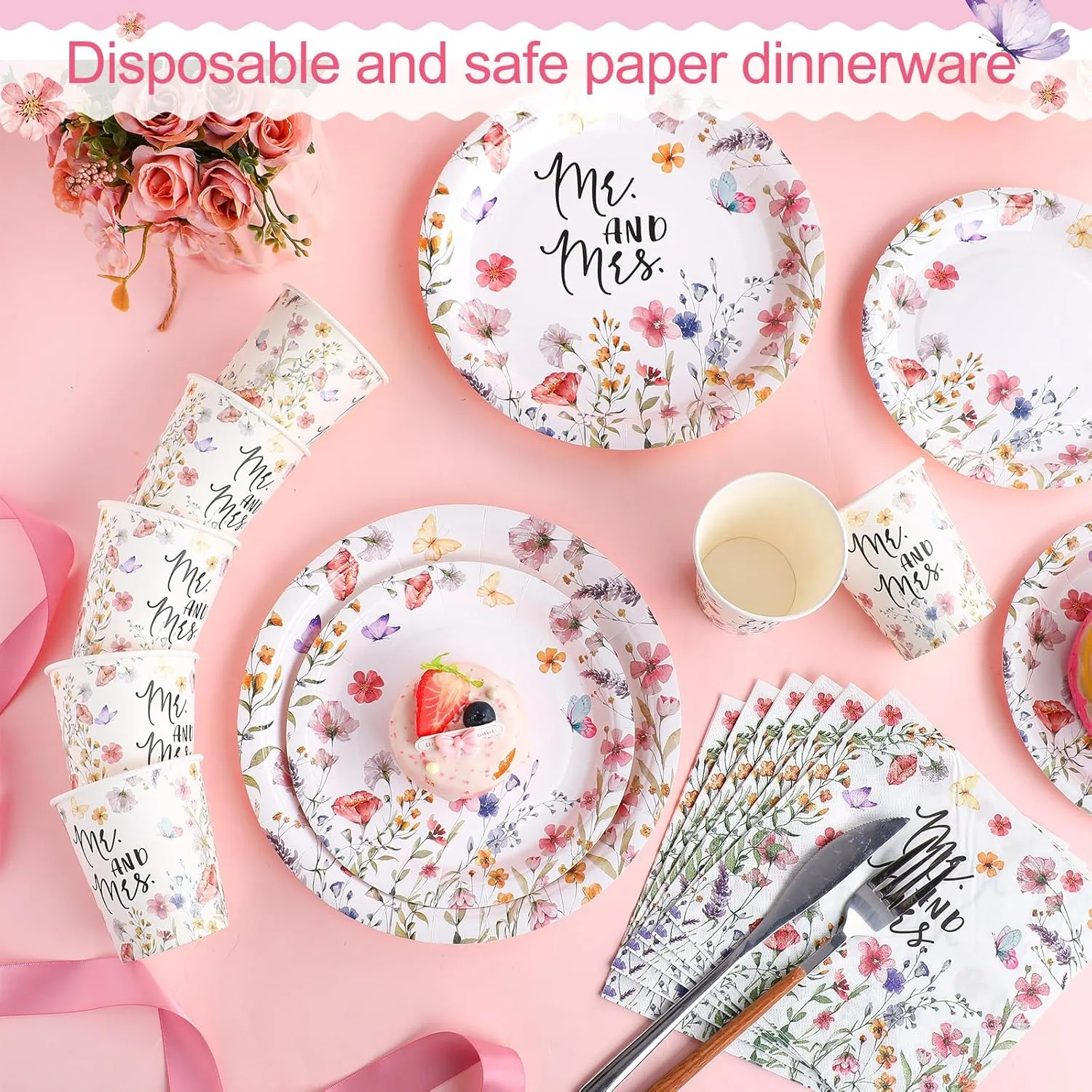 Zhehao 250 Pcs Mr. and Mrs. Bridal Shower Plates Napkins Sets 50 Pcs 9'' Dinner Plates and 7'' Dessert Plate and 9oz Cups 100 Napkins Serves 50 Party Supplies Bridal Shower Engagement Decoration