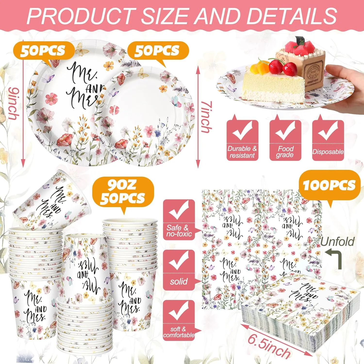 Zhehao 250 Pcs Mr. and Mrs. Bridal Shower Plates Napkins Sets 50 Pcs 9'' Dinner Plates and 7'' Dessert Plate and 9oz Cups 100 Napkins Serves 50 Party Supplies Bridal Shower Engagement Decoration